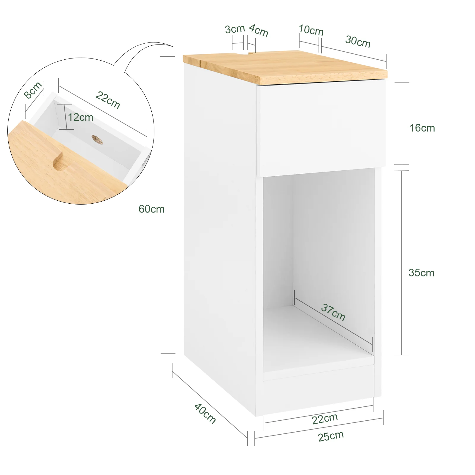 SoBuy FBT111-II-WN Mesa Auxiliar Mesita de Noche con 1 Cajón Blanco 40 x 25 x 60 cm - Image 3