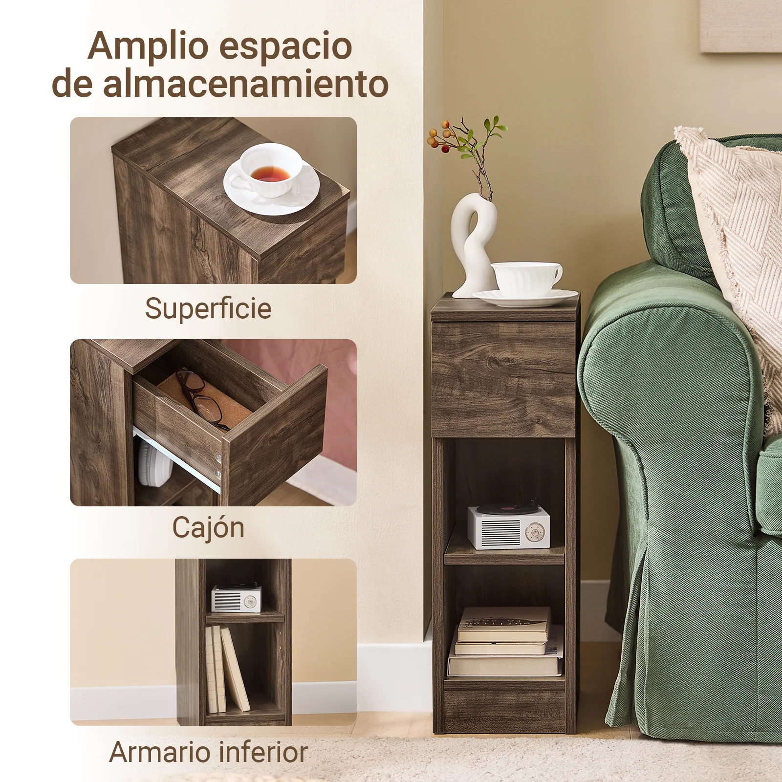 SoBuy FBT111-SN Mesita de Noche Estrecha con cajón y 2 Estante Marrón - Image 5