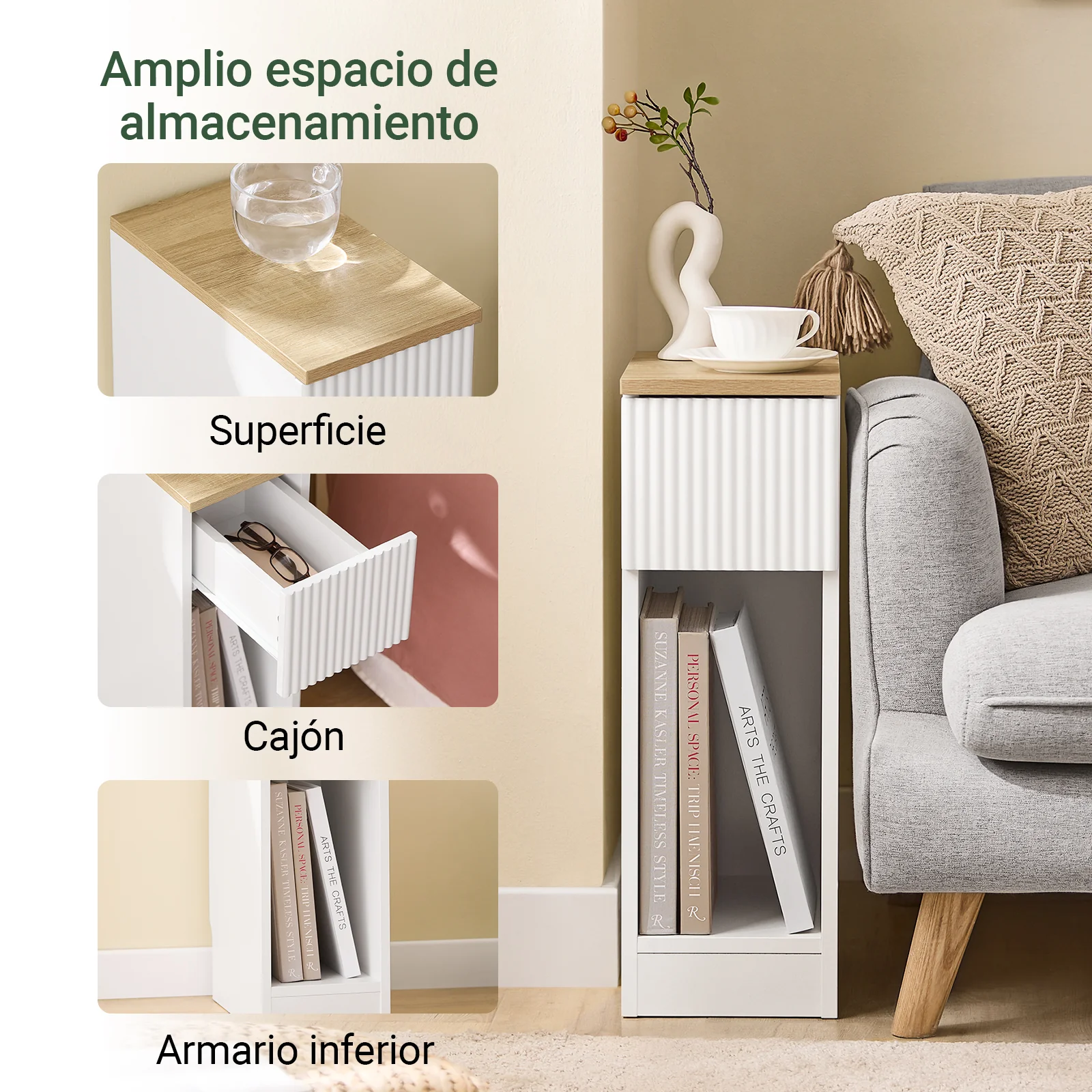 SoBuy FBT111-W Mesita de Noche Estrecha con cajón y Estante Blanco 20x35x60 cm - Image 4