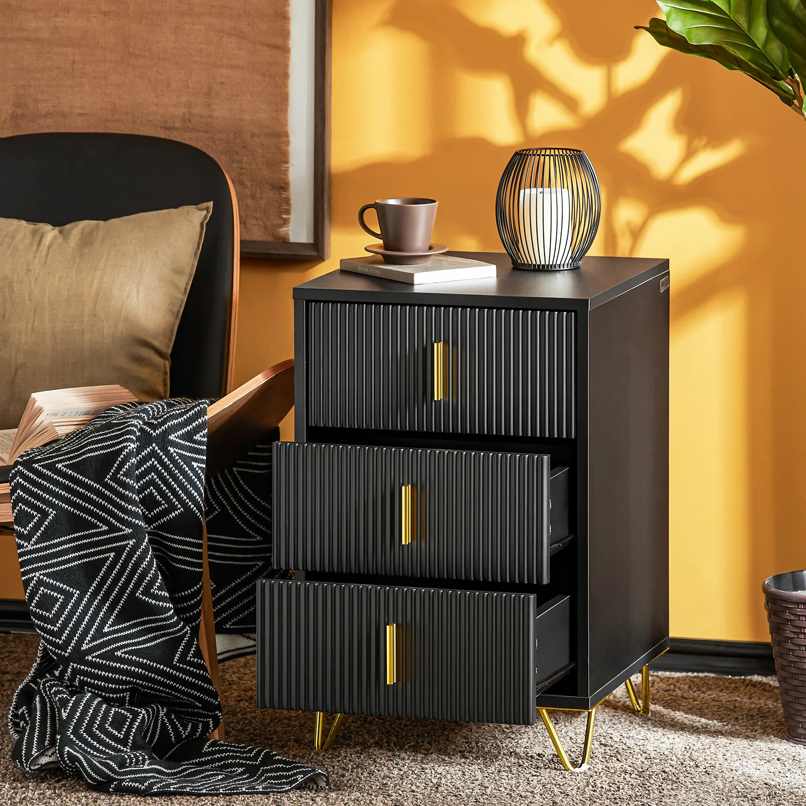 SoBuy FBT115-L-SCHx2 Set de 2 Mesitas de Noche con 3 Cajones Negro 40x40x63 cm - Image 4