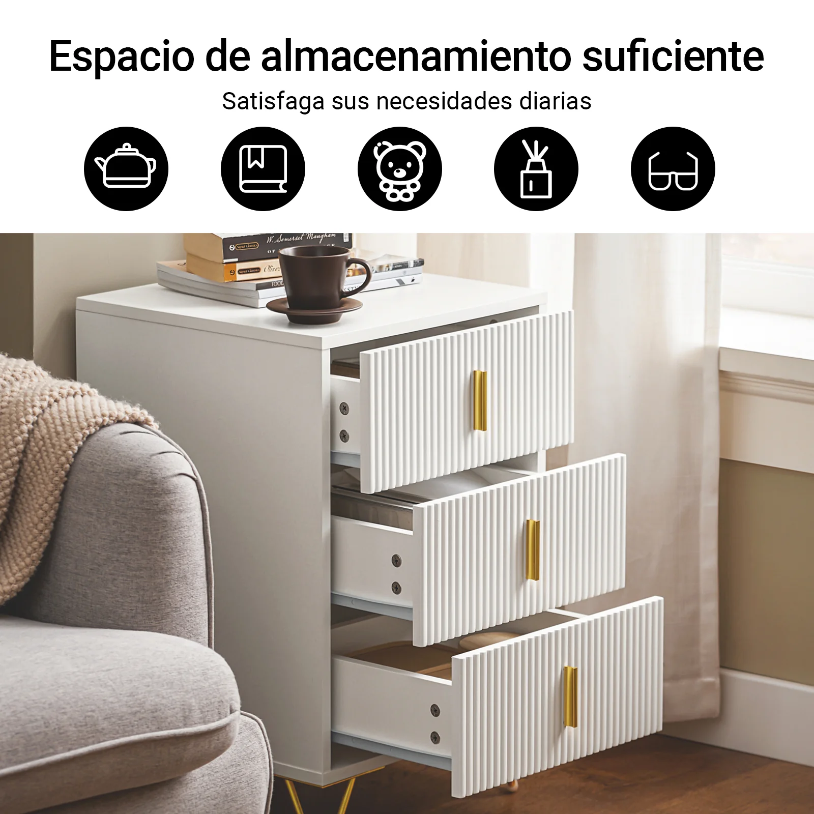 SoBuy FBT115-L-Wx2 Set de 2 Mesitas de Noche con 3 cajones Blanco - Image 4
