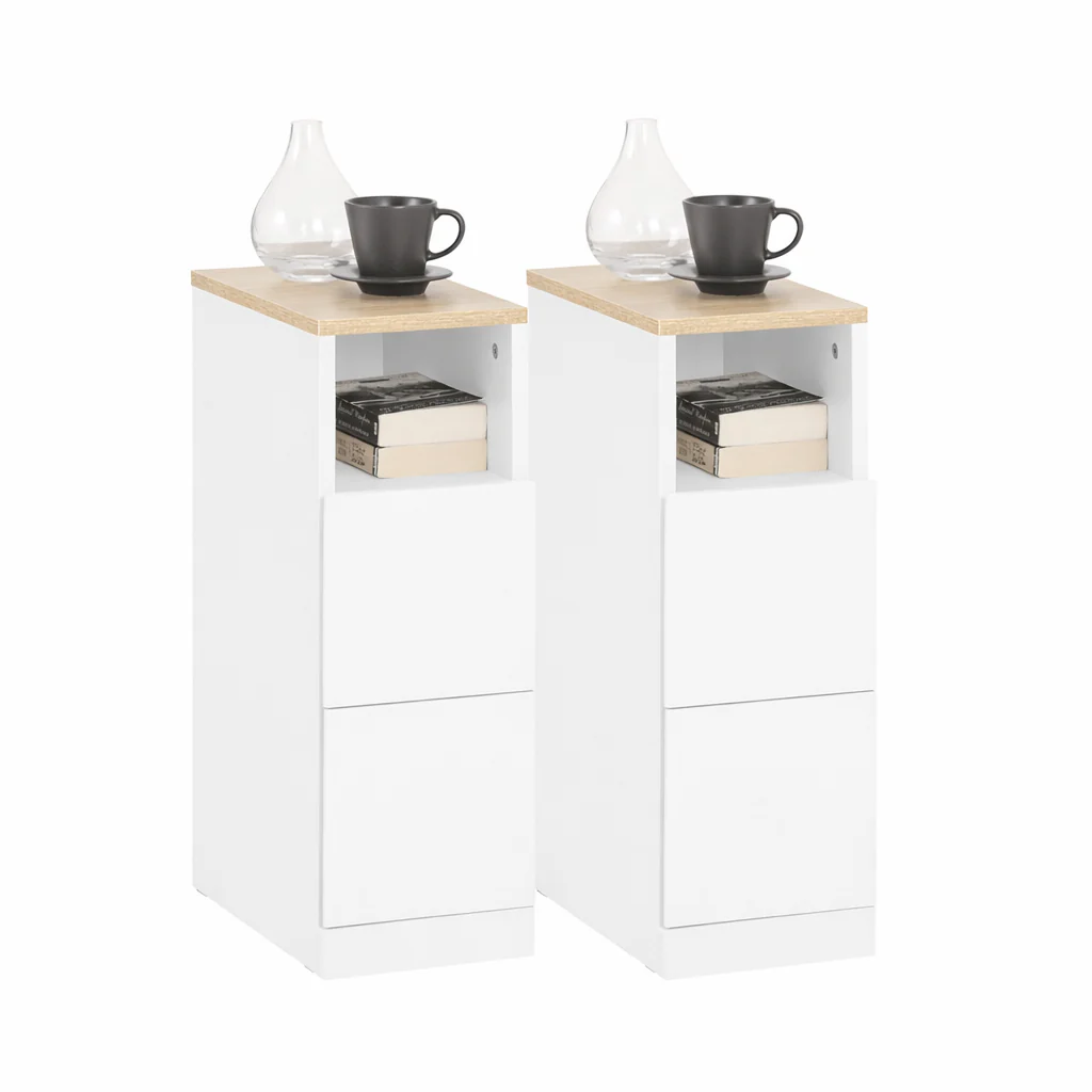SoBuy FBT149-WNx2 Set de 2 Mesitas de Noche Estrechas 20cm con Cajones
