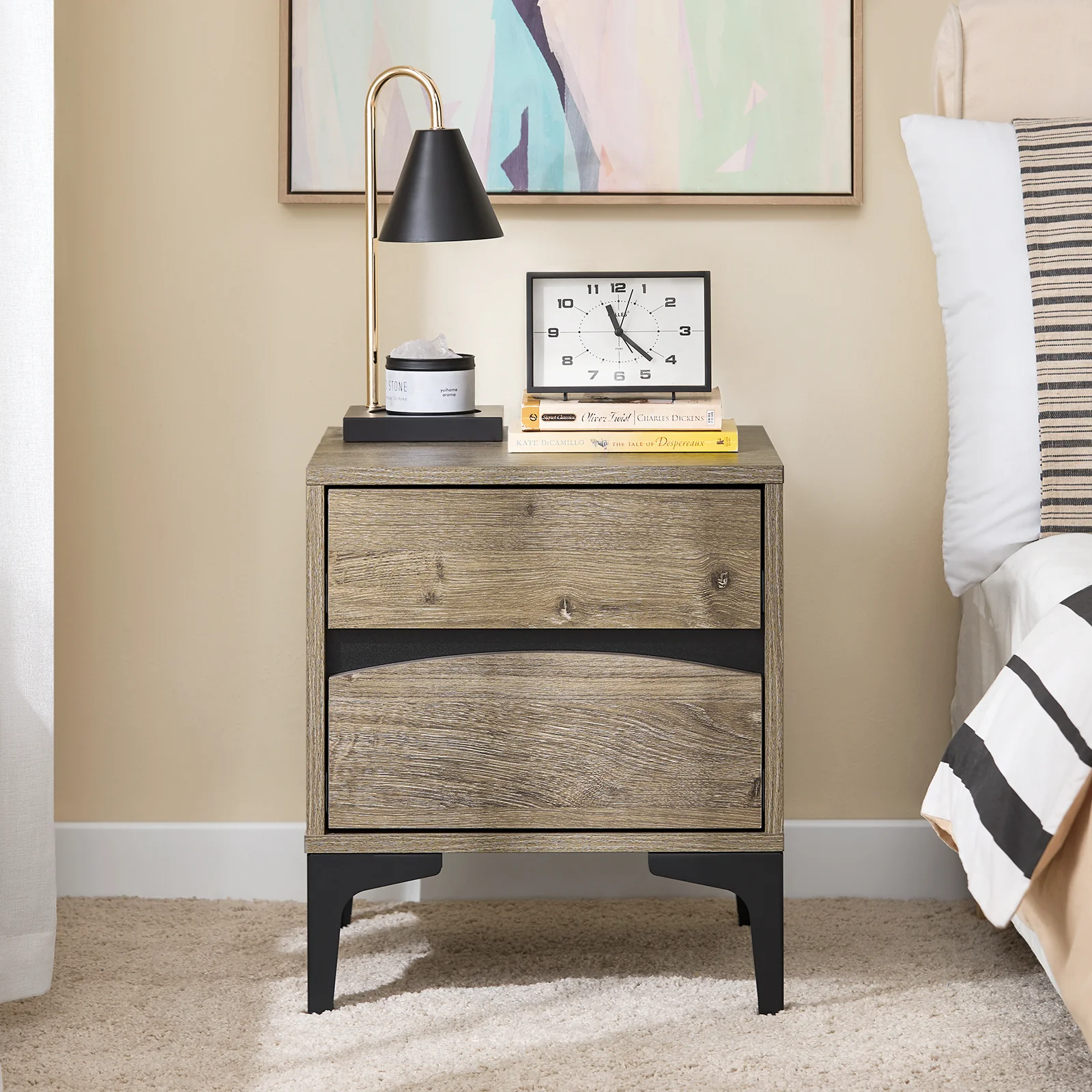 SoBuy FBT165-N Mesita de Noche con 2 cajones con Frente Curvo Natural 40×40×47 cm - Image 2