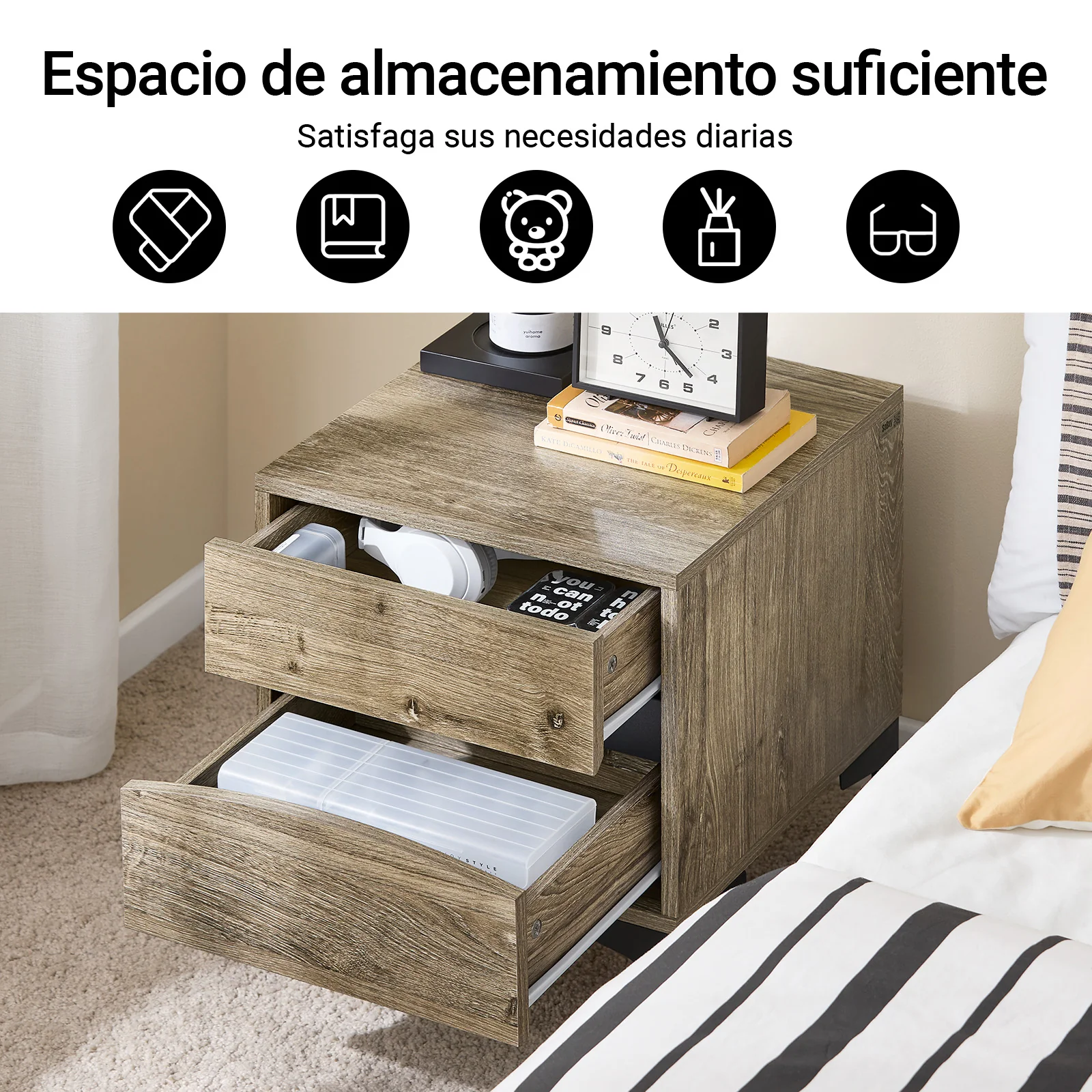 SoBuy FBT165-N Mesita de Noche con 2 cajones con Frente Curvo Natural 40×40×47 cm - Image 3