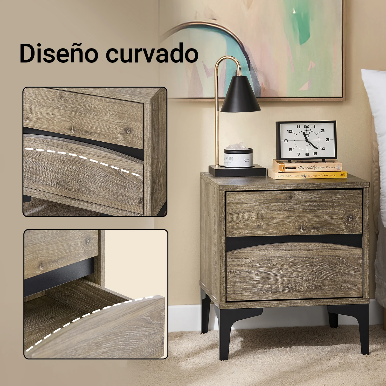 SoBuy FBT165-N Mesita de Noche con 2 cajones con Frente Curvo Natural 40×40×47 cm - Image 6