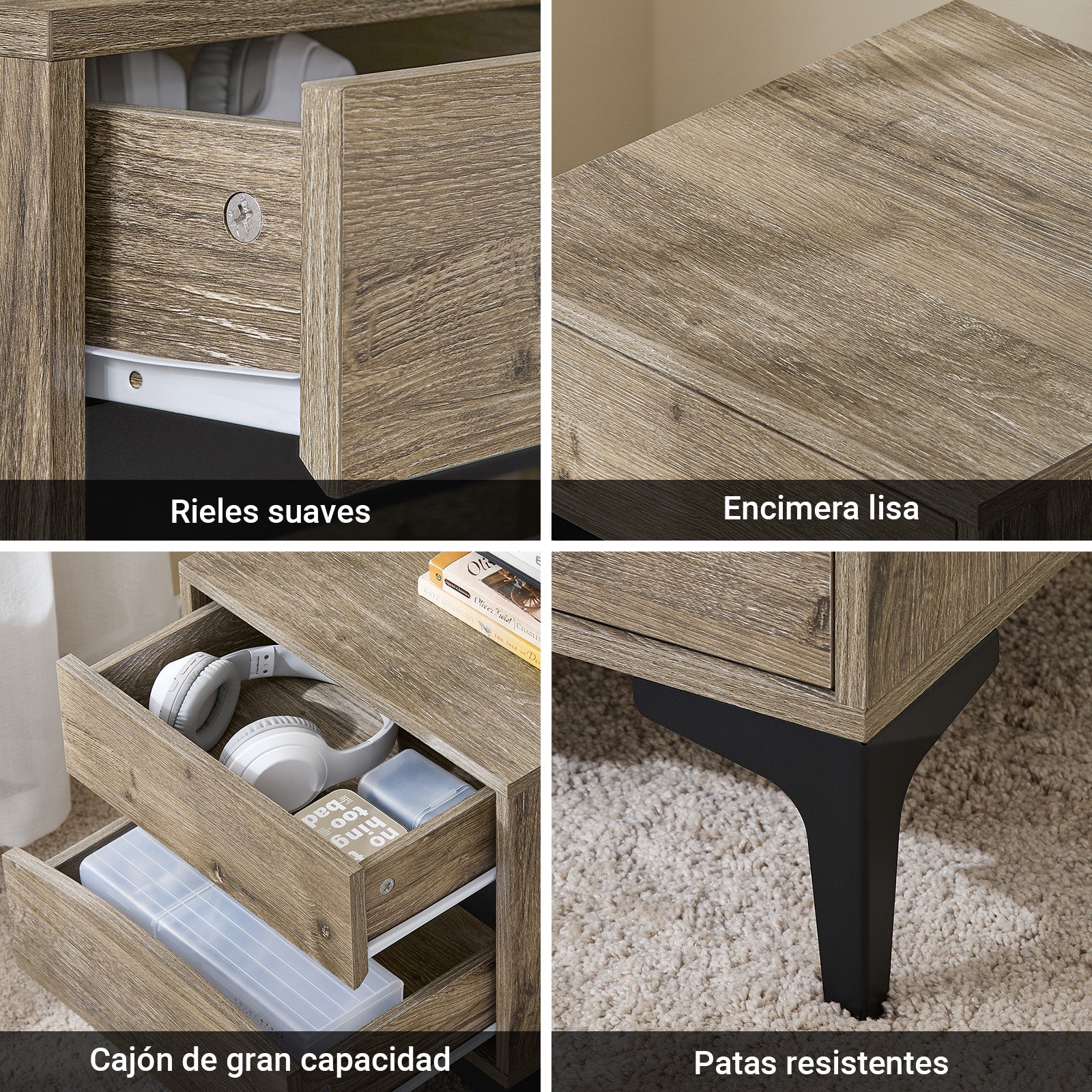 SoBuy FBT165-N Mesita de Noche con 2 cajones con Frente Curvo Natural 40×40×47 cm - Image 7