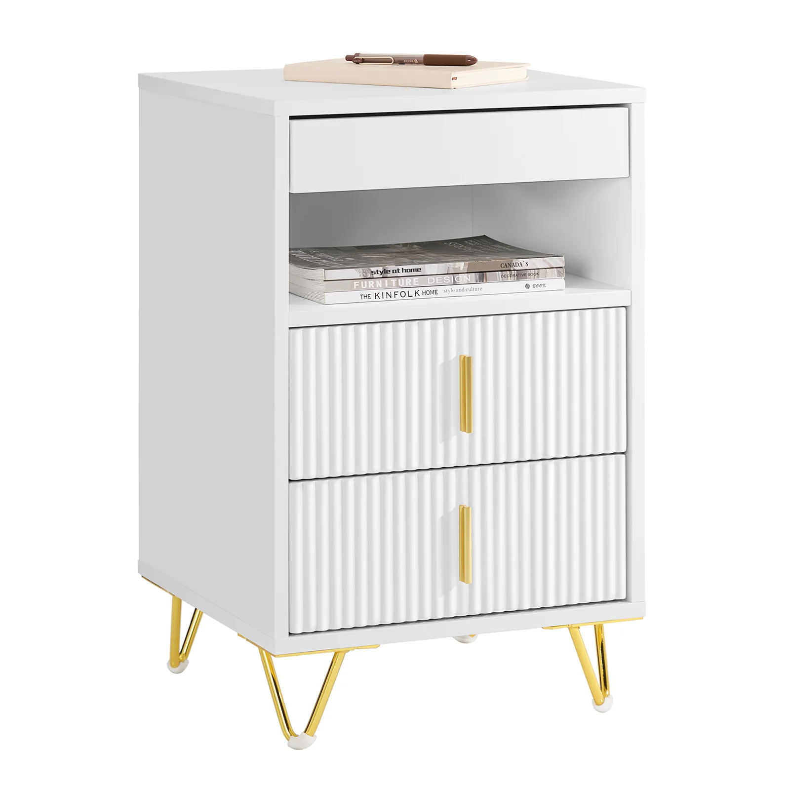 SoBuy FBT168-W Mesita de Noche Mesa Auxiliar con 3 cajones y Estante Blanca 40x40x63 cm