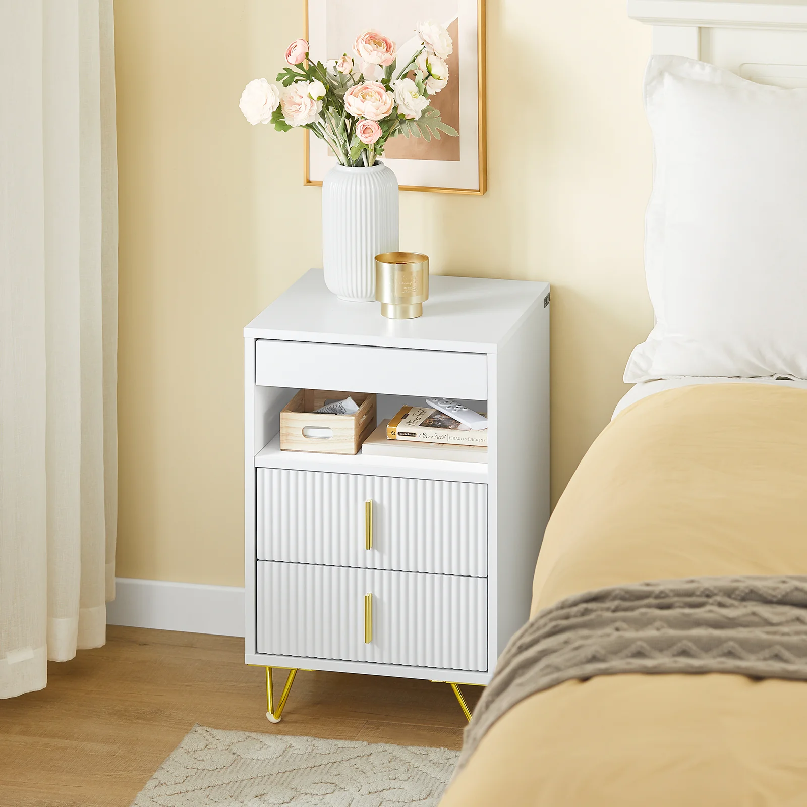SoBuy FBT168-W Mesita de Noche Mesa Auxiliar con 3 cajones y Estante Blanca 40x40x63 cm - Image 2