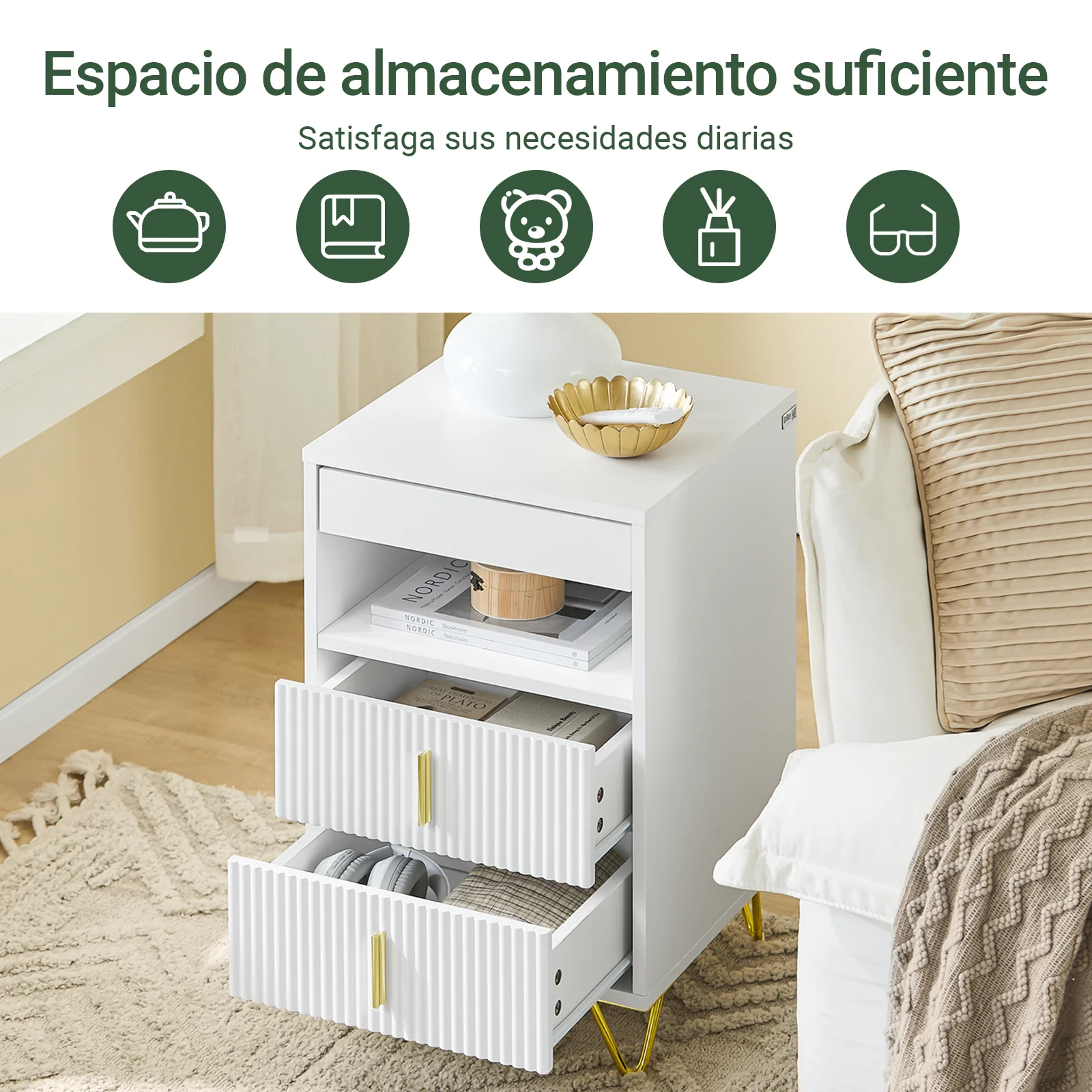 SoBuy FBT168-W Mesita de Noche Mesa Auxiliar con 3 cajones y Estante Blanca 40x40x63 cm - Image 4