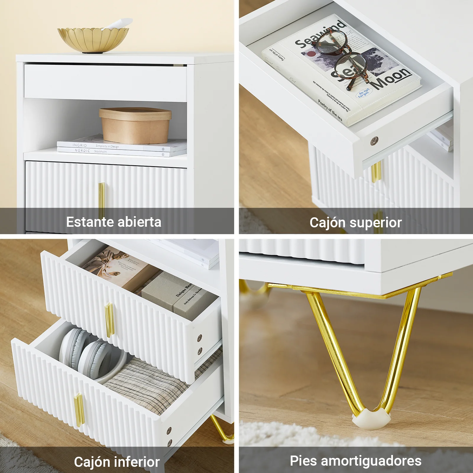 SoBuy FBT168-W Mesita de Noche Mesa Auxiliar con 3 cajones y Estante Blanca 40x40x63 cm - Image 5