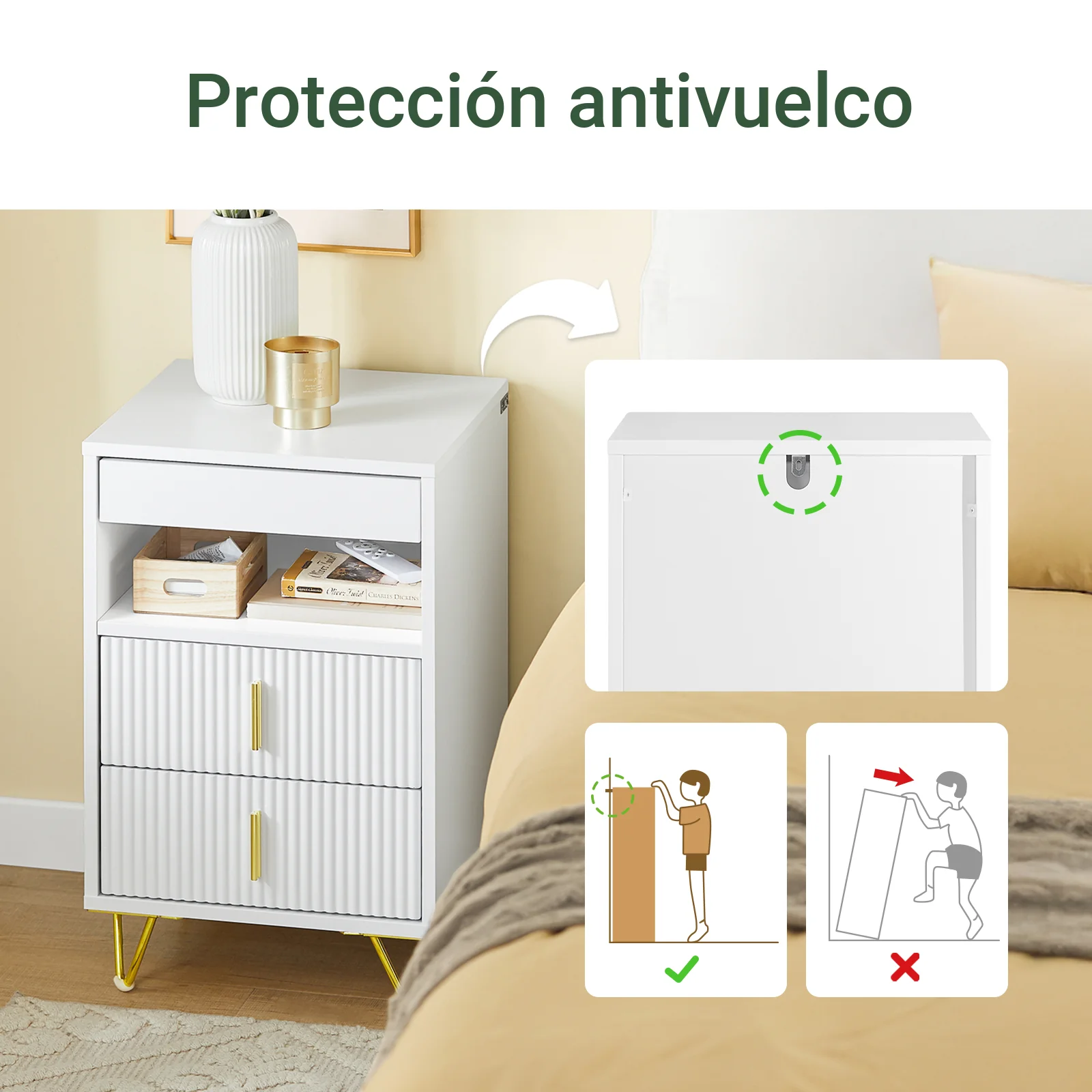 SoBuy FBT168-W Mesita de Noche Mesa Auxiliar con 3 cajones y Estante Blanca 40x40x63 cm - Image 6