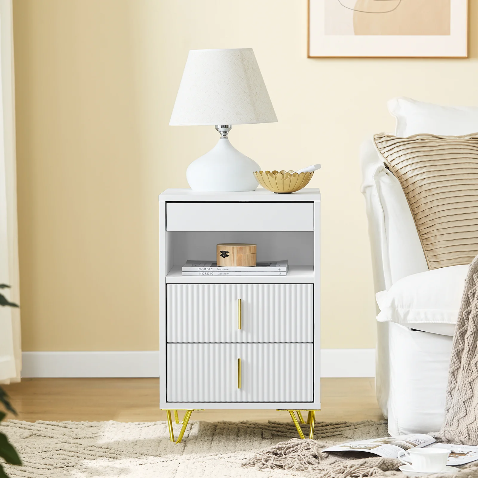 SoBuy FBT168-W Mesita de Noche Mesa Auxiliar con 3 cajones y Estante Blanca 40x40x63 cm - Image 8