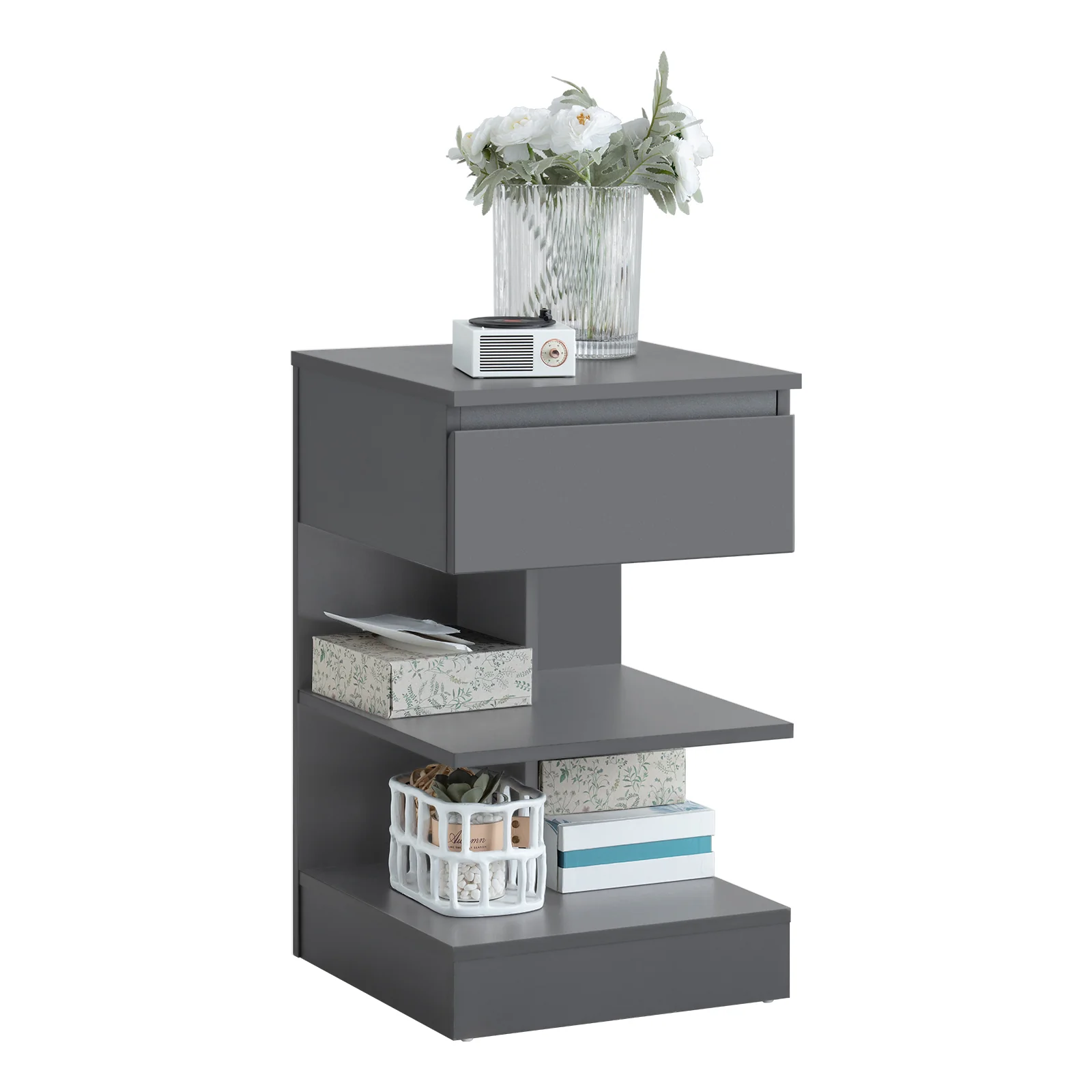 SoBuy FBT49-HG Mesita de Noche con 1 cajón y 2 estantes Gris
