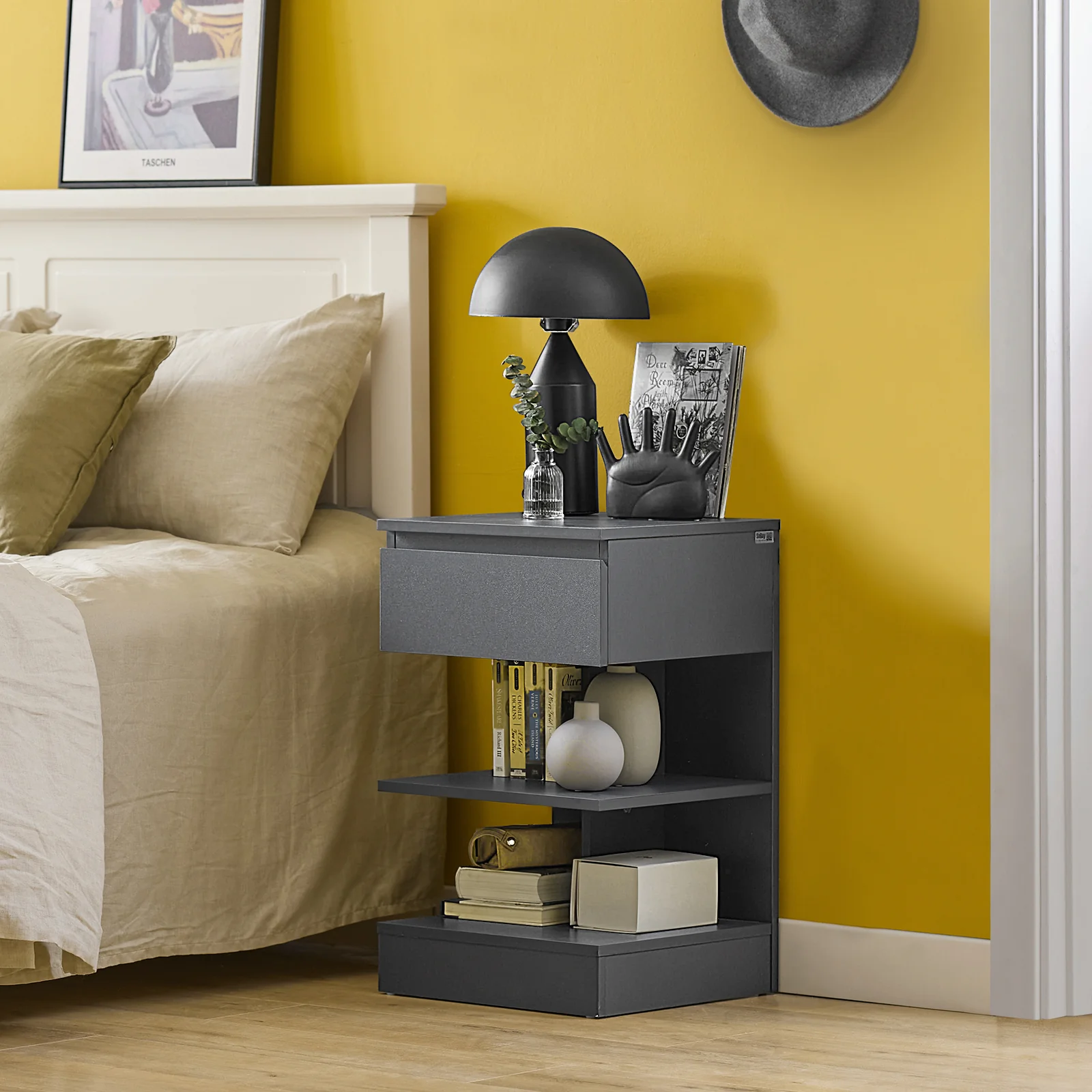 SoBuy FBT49-HG Mesita de Noche con 1 cajón y 2 estantes Gris - Image 5
