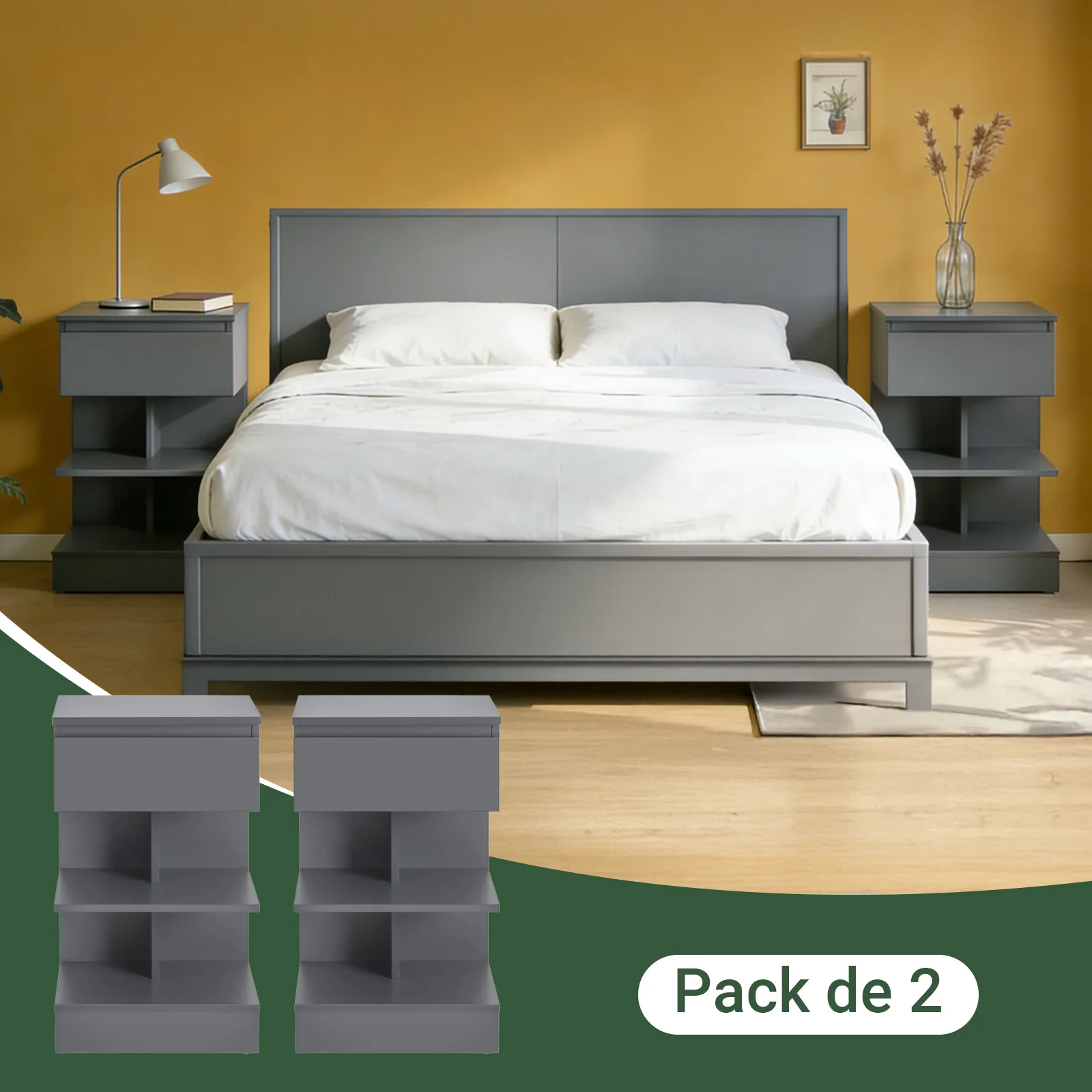 SoBuy FBT49-HGx2 Set de 2 Mesitas de Noche con 1 cajón y 2 estantes Gris - Image 2