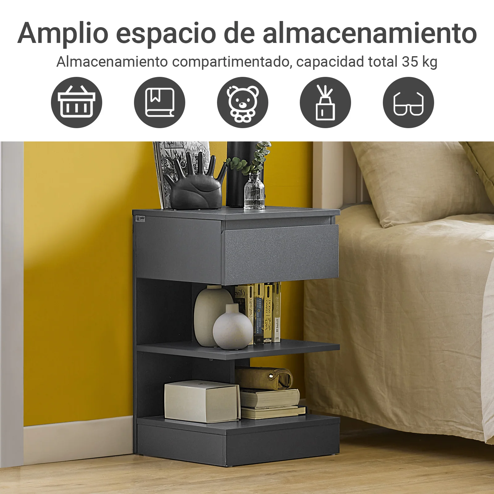 SoBuy FBT49-HGx2 Set de 2 Mesitas de Noche con 1 cajón y 2 estantes Gris - Image 4