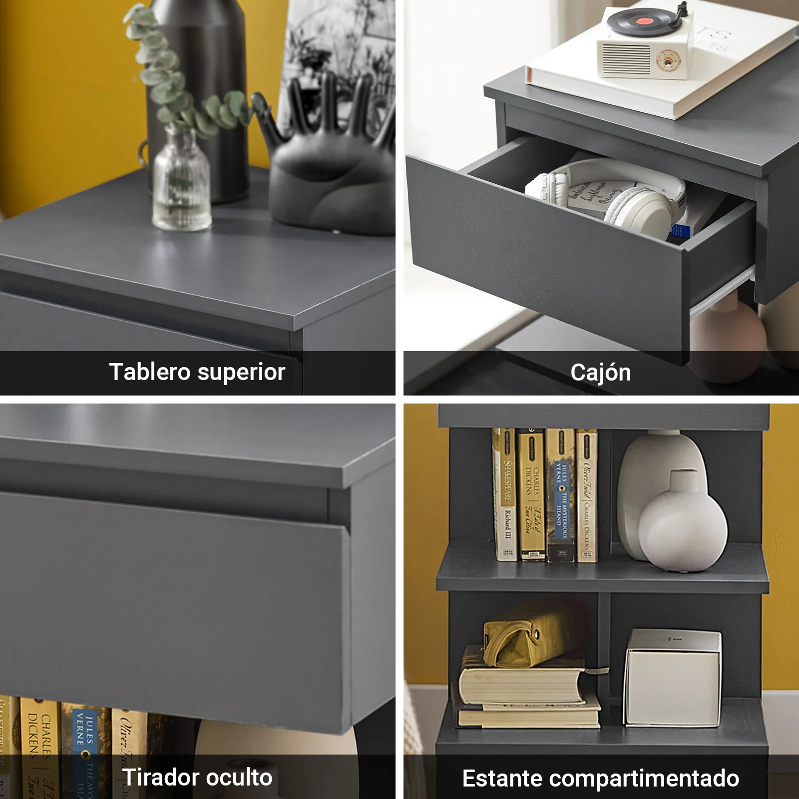 SoBuy FBT49-HGx2 Set de 2 Mesitas de Noche con 1 cajón y 2 estantes Gris - Image 5