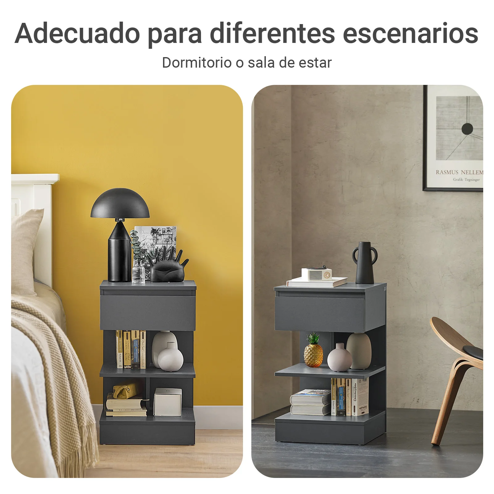 SoBuy FBT49-HGx2 Set de 2 Mesitas de Noche con 1 cajón y 2 estantes Gris - Image 6