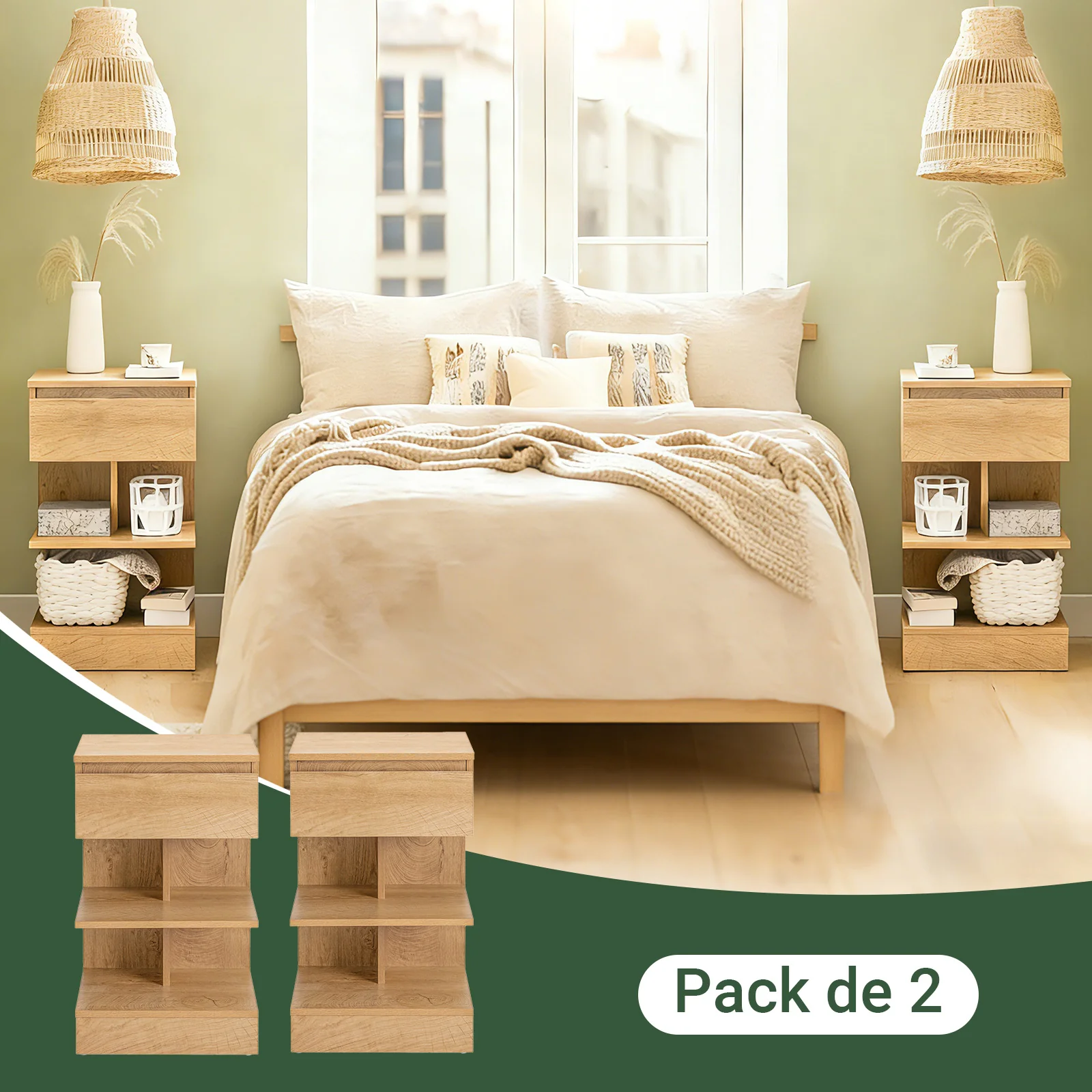 SoBuy FBT49-Nx2 Set de 2 Mesitas de Noche con 1 cajón y 2 estantes Marron - Image 2