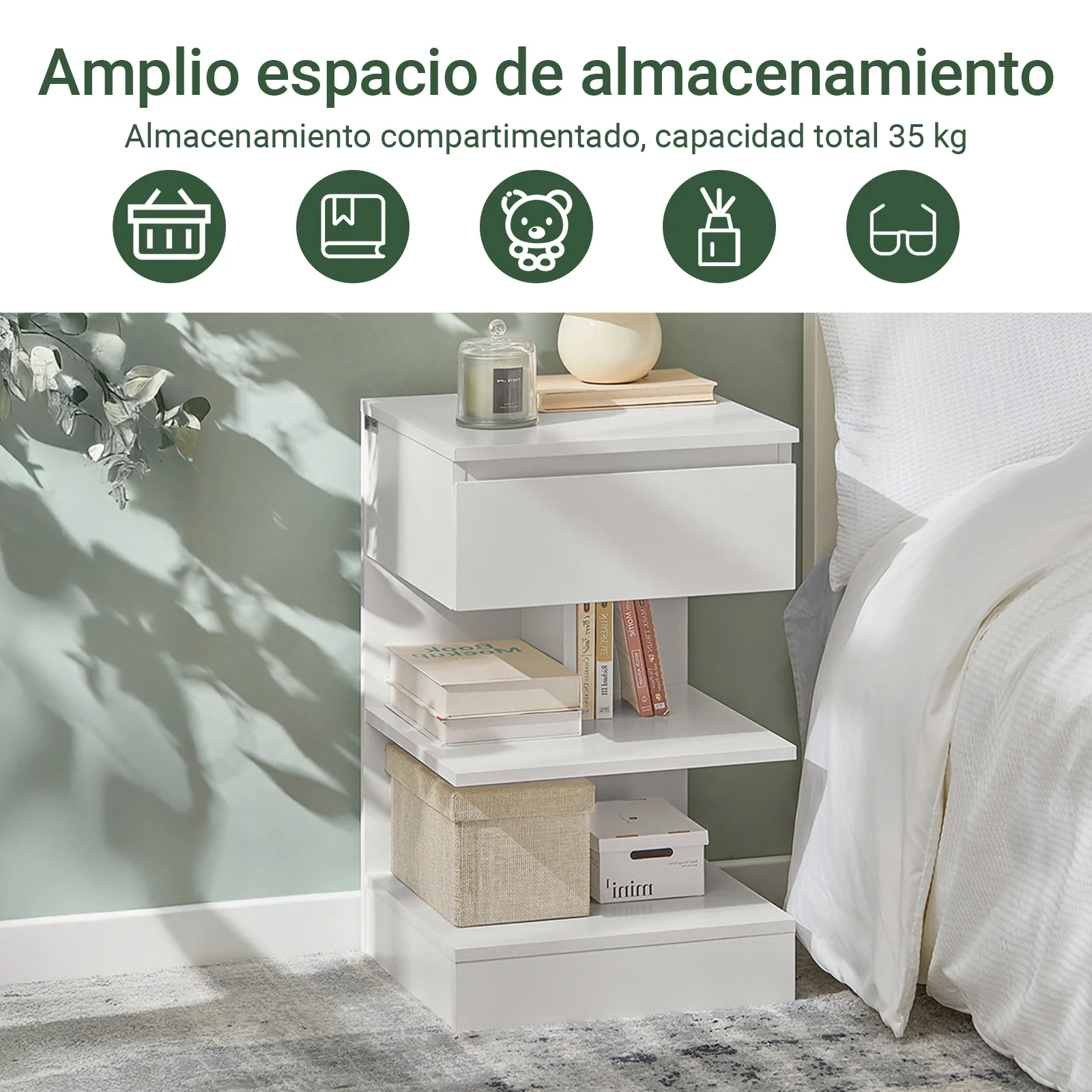 SoBuy FBT49-Wx2 Set de 2 Mesitas de Noche con 1 cajón y 2 estantes Blanco - Image 4