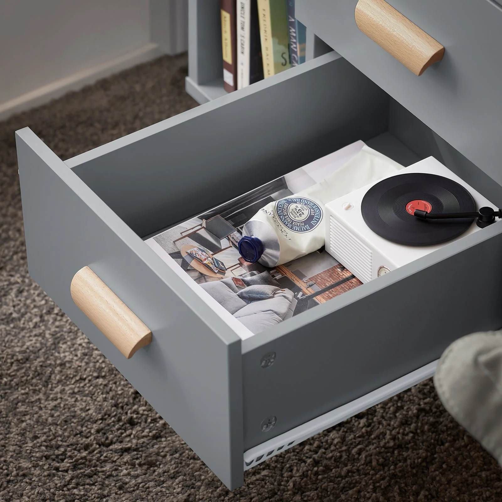 SoBuy FBT95-HGx2 Set de 2 Mesas Auxiliares Mesita de Noche con 3 Cajones Gris - Image 7