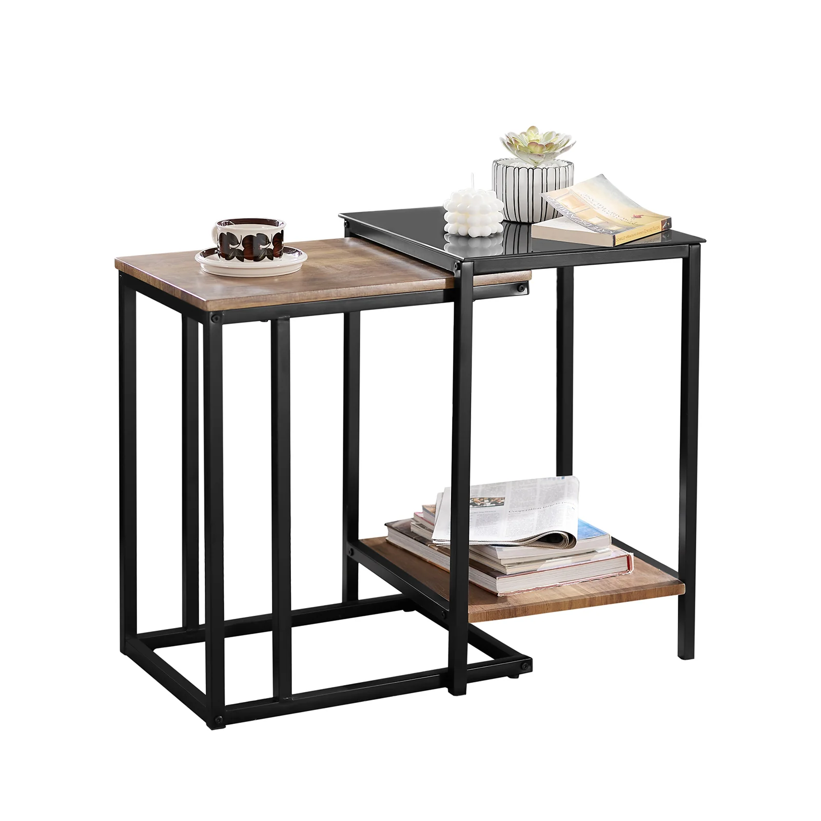 Preventa-SoBuy FBT99-F Set de 2 Mesas Auxiliares Madera y Vidrio Negro