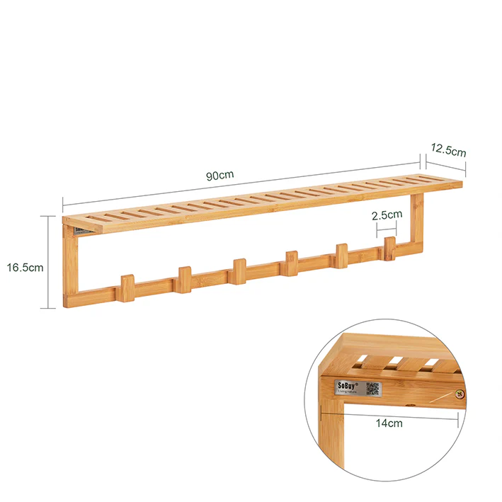 SoBuy FHK06-N Perchero de Pared con 6 Ganchos y 1 Estante Bambú - Image 3