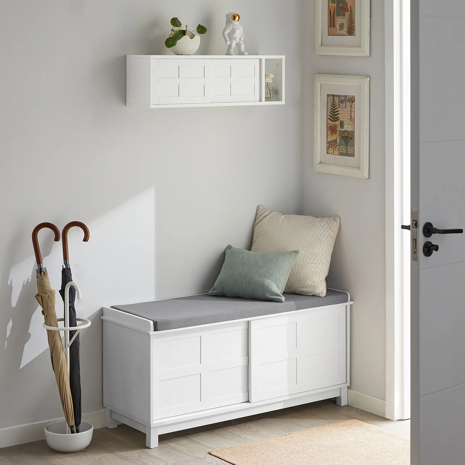 SoBuy FHK18-W Perchero de Pared con 2 Puertas Correderas y 1 Compartimento Blanco - Image 5