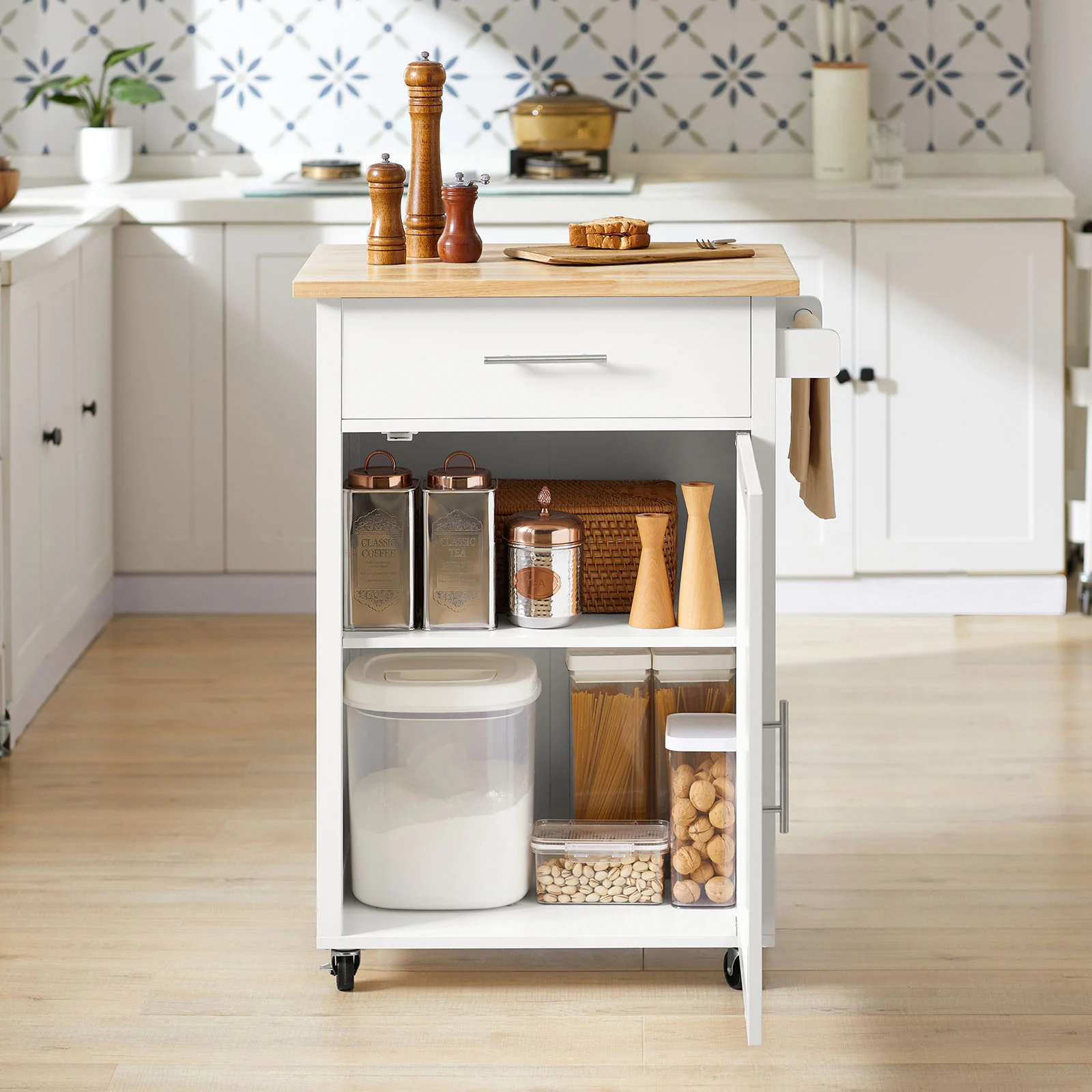 SoBuy FKW102-WN Carrito Auxiliar con 1 cajón y 1 Puerta Blanco y Natural - Image 9