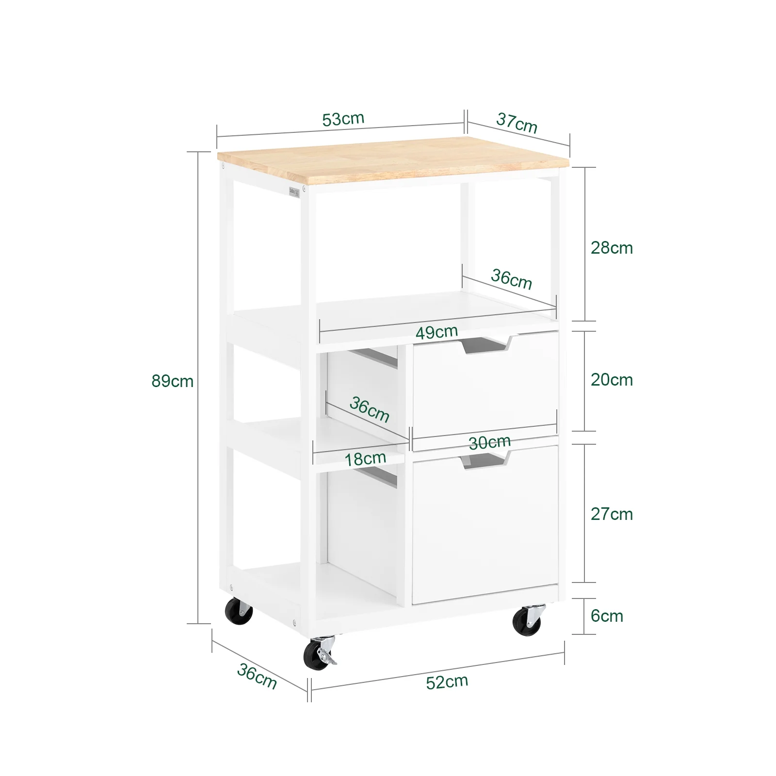 SoBuy FKW111-WN Carro de Almacenamiento con 2 Cajones y 3 Estantes Blanco - Image 3