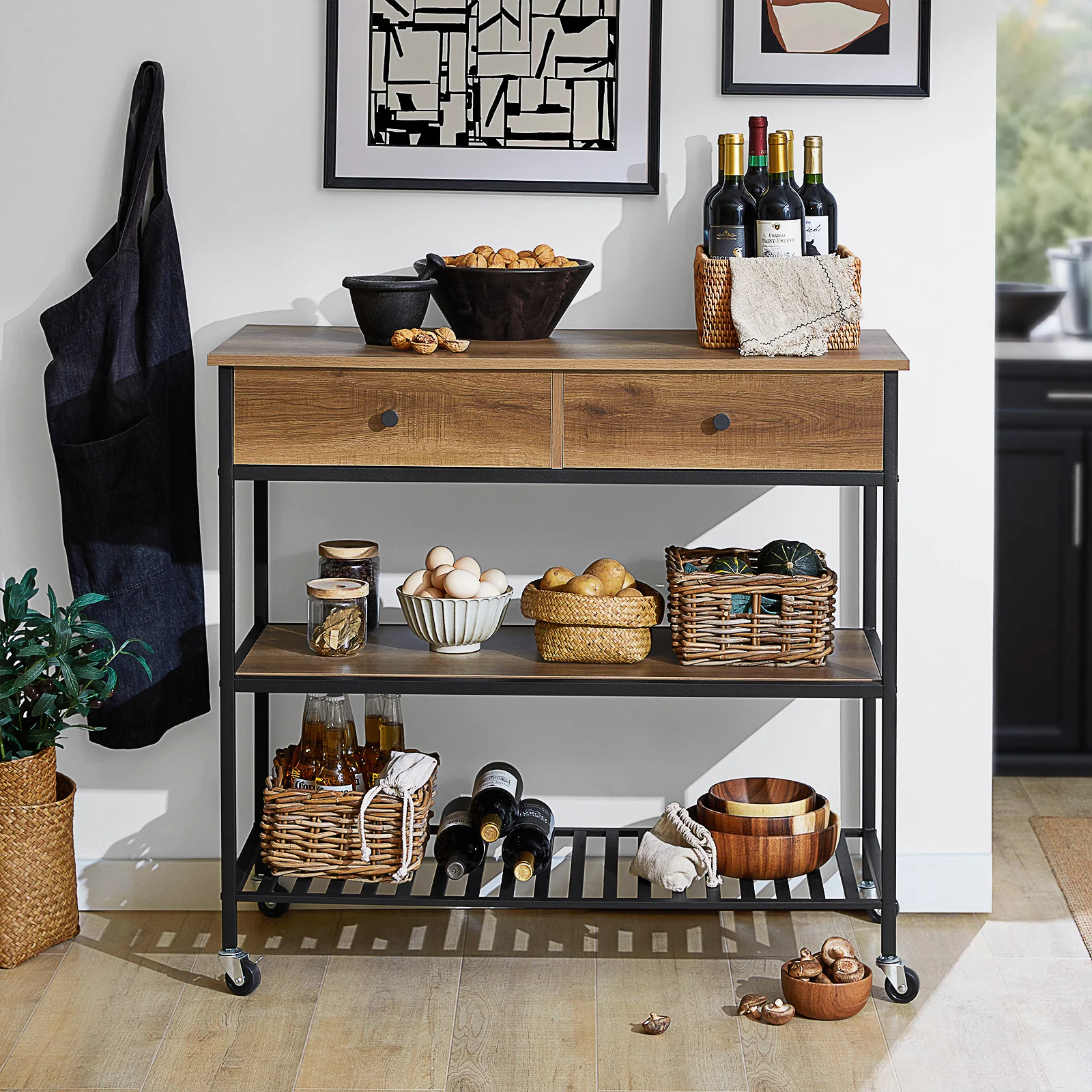 SoBuy FKW112-PF Carro de Cocina 100cm con Ruedas 2 Estantes y 2 Cajones Natural - Image 2