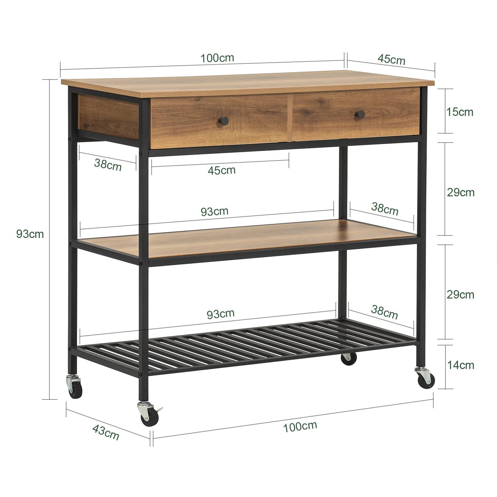 SoBuy FKW112-PF Carro de Cocina 100cm con Ruedas 2 Estantes y 2 Cajones Natural - Image 3