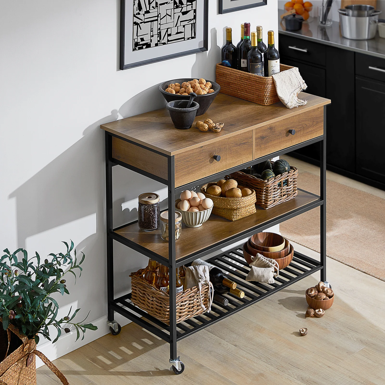 SoBuy FKW112-PF Carro de Cocina 100cm con Ruedas 2 Estantes y 2 Cajones Natural - Image 4