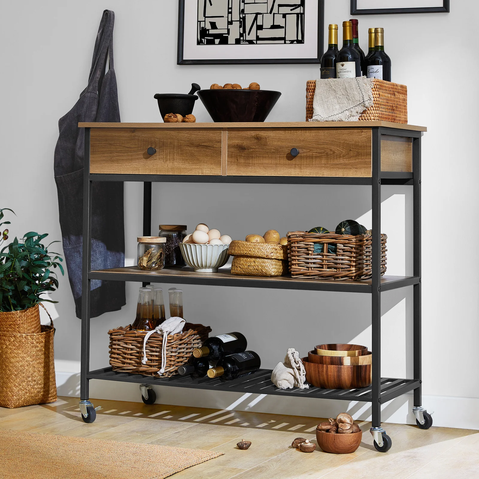 SoBuy FKW112-PF Carro de Cocina 100cm con Ruedas 2 Estantes y 2 Cajones Natural - Image 5