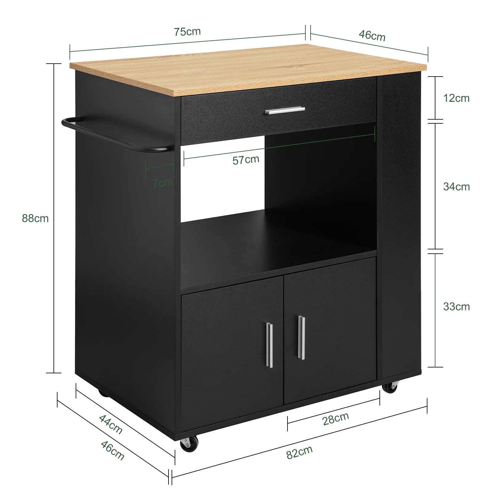 SoBuy FKW113-SCH Carrito de Servicio con Estantes Laterales Cajón Puertas y Toallero Negro - Image 3