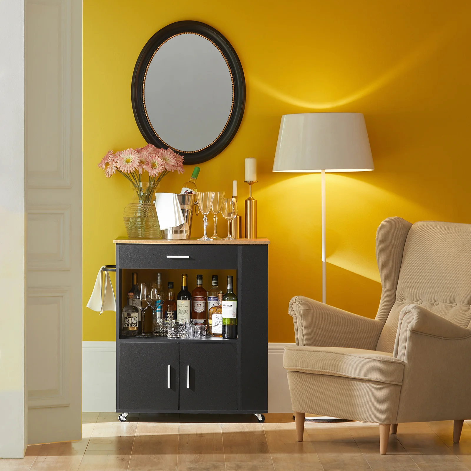 SoBuy FKW113-SCH Carrito de Servicio con Estantes Laterales Cajón Puertas y Toallero Negro - Image 9