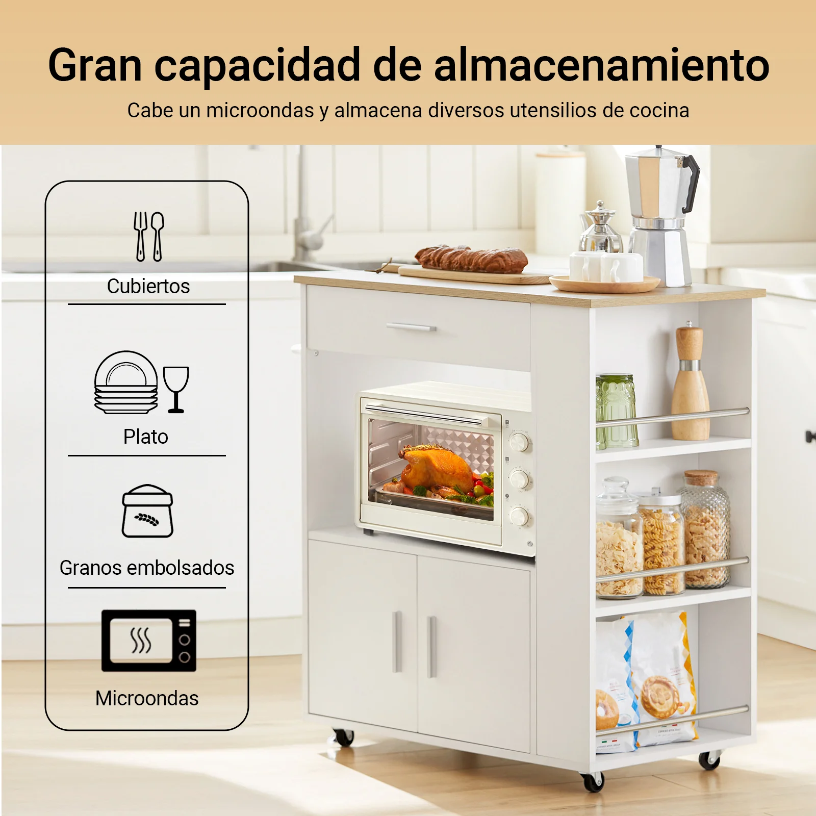 SoBuy FKW113-WN Carrito de Servicio con 3 Estantes laterals 2 Puertas 1 Cajón Blanco - Image 2