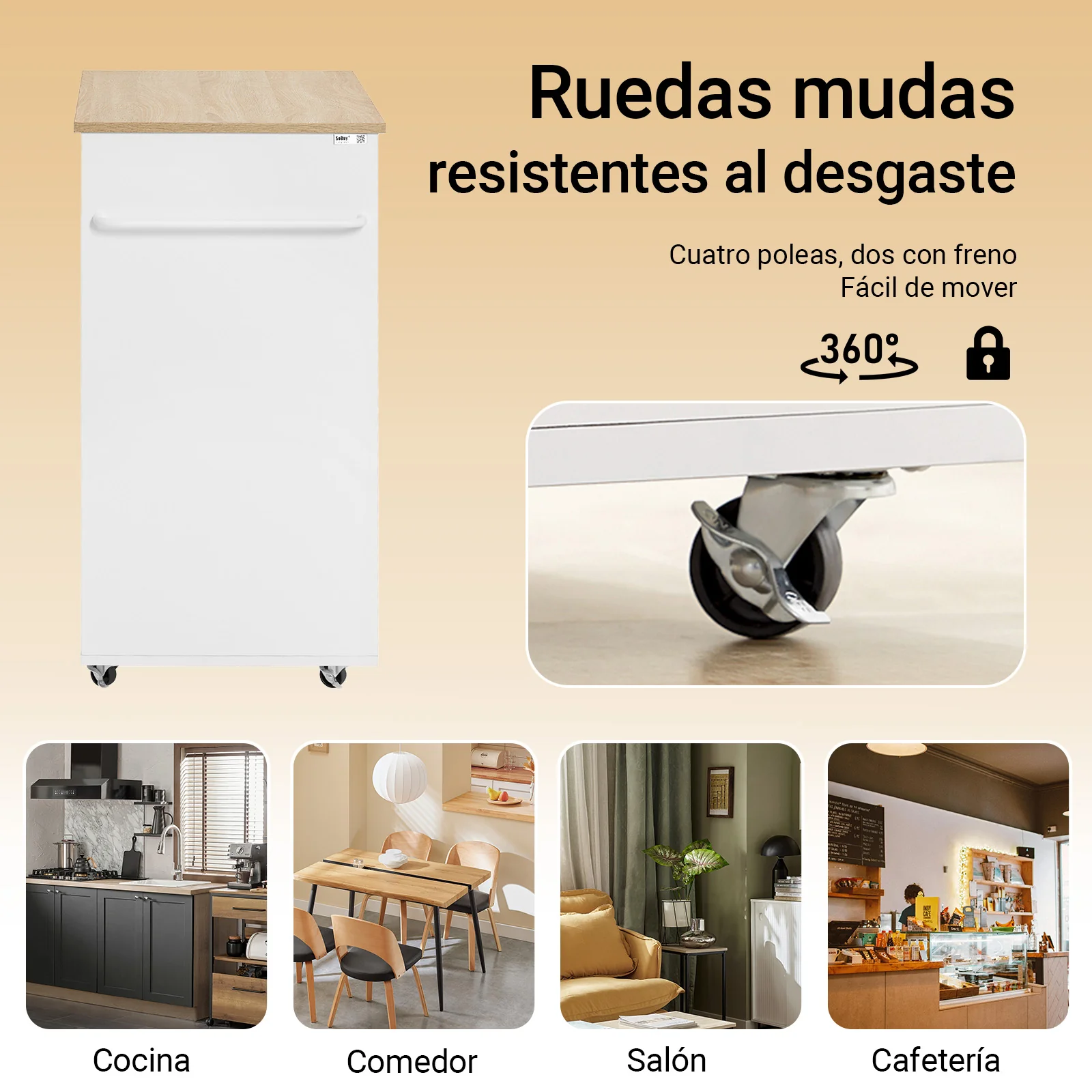 SoBuy FKW113-WN Carrito de Servicio con 3 Estantes laterals 2 Puertas 1 Cajón Blanco - Image 4