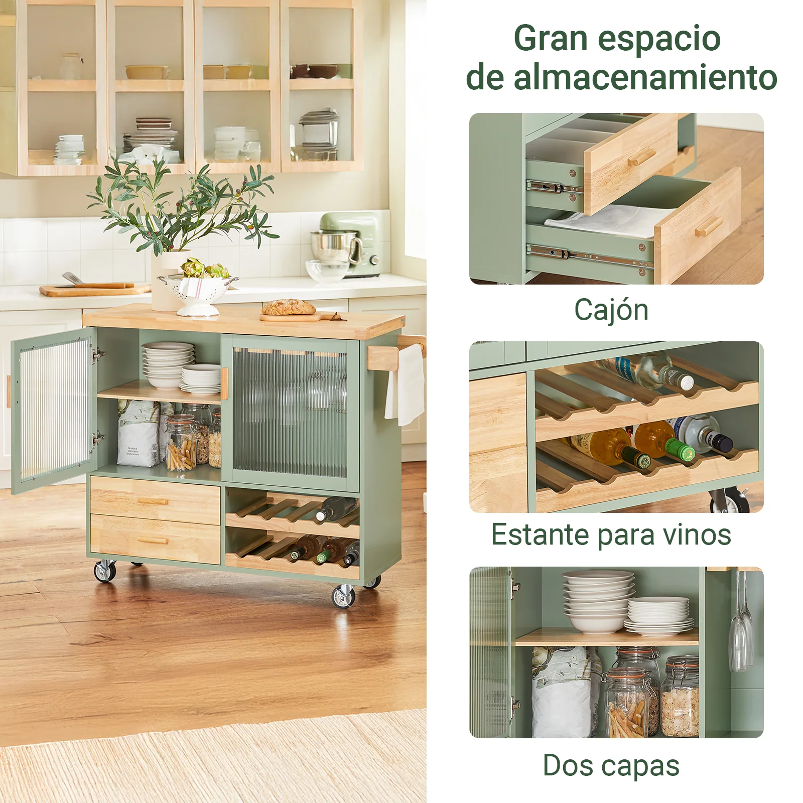SoBuy FKW114-GR Carrito Auxiliar de Cocina con 2 cajones y 2 Puertas Verde - Image 5