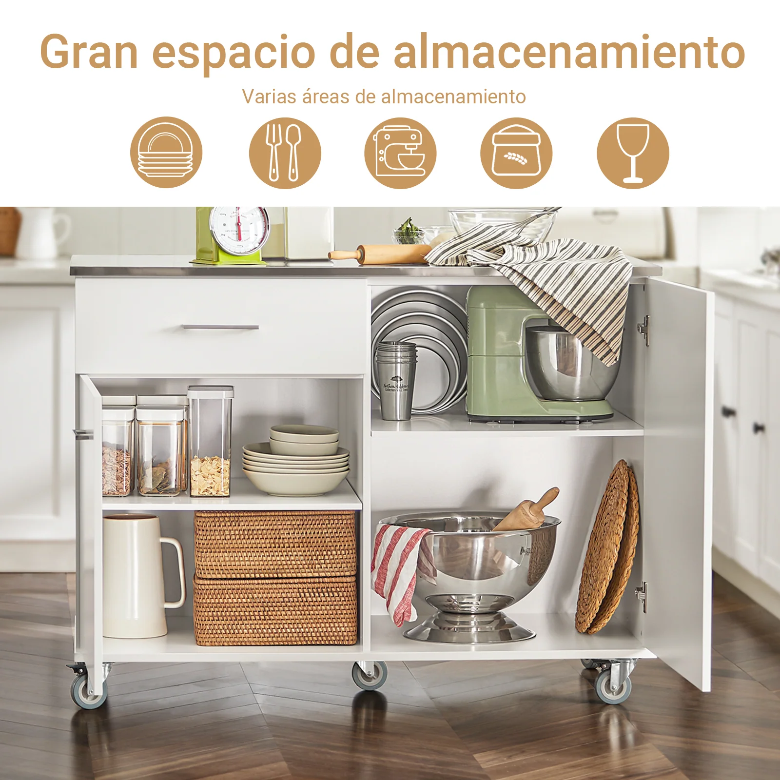 SoBuy FKW117-W Isla de Cocina móvil con 1 Cajón y 2 Puertas 120 x 56 x 90 cm Blanco - Image 4
