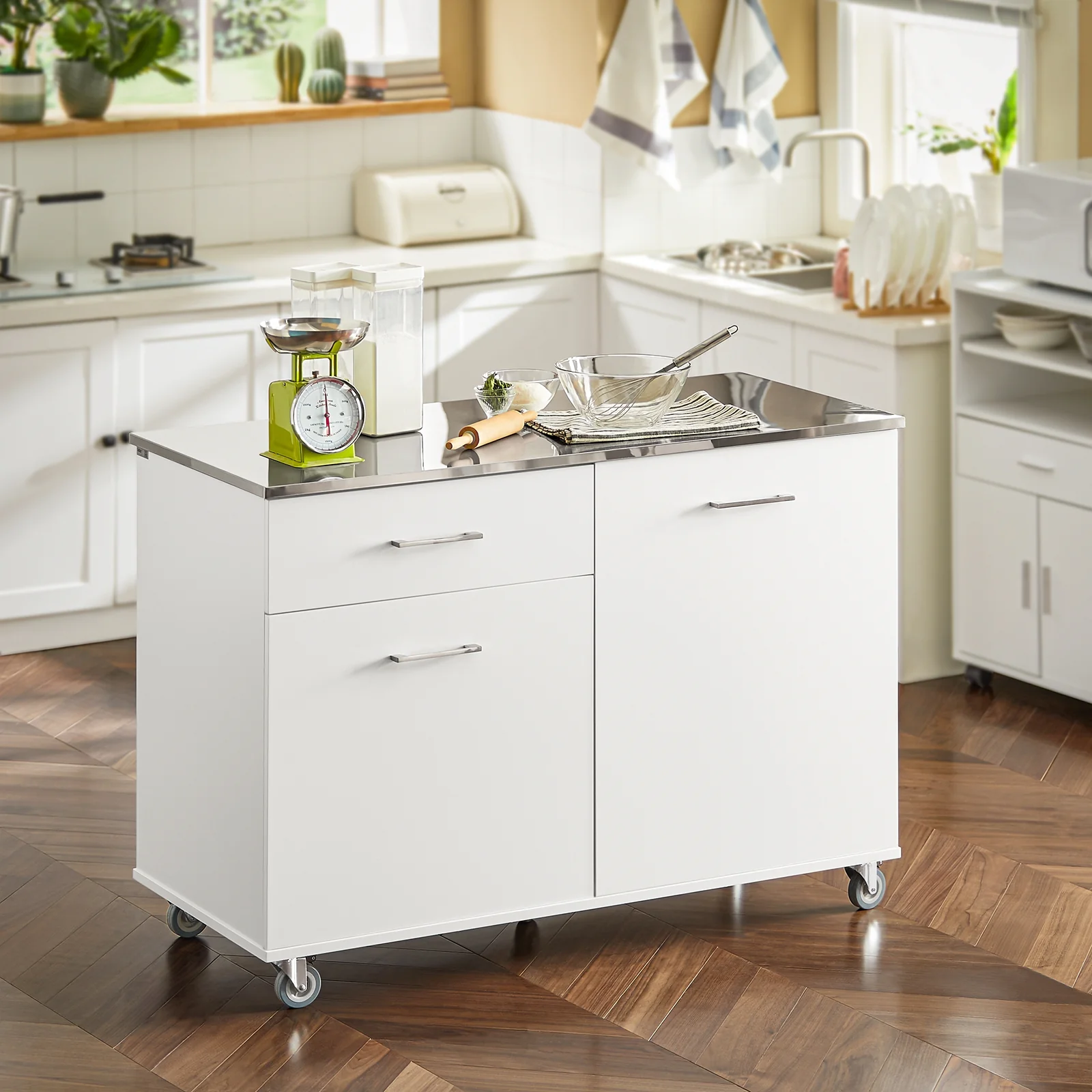 SoBuy FKW117-W Isla de Cocina móvil con 1 Cajón y 2 Puertas 120 x 56 x 90 cm Blanco - Image 8