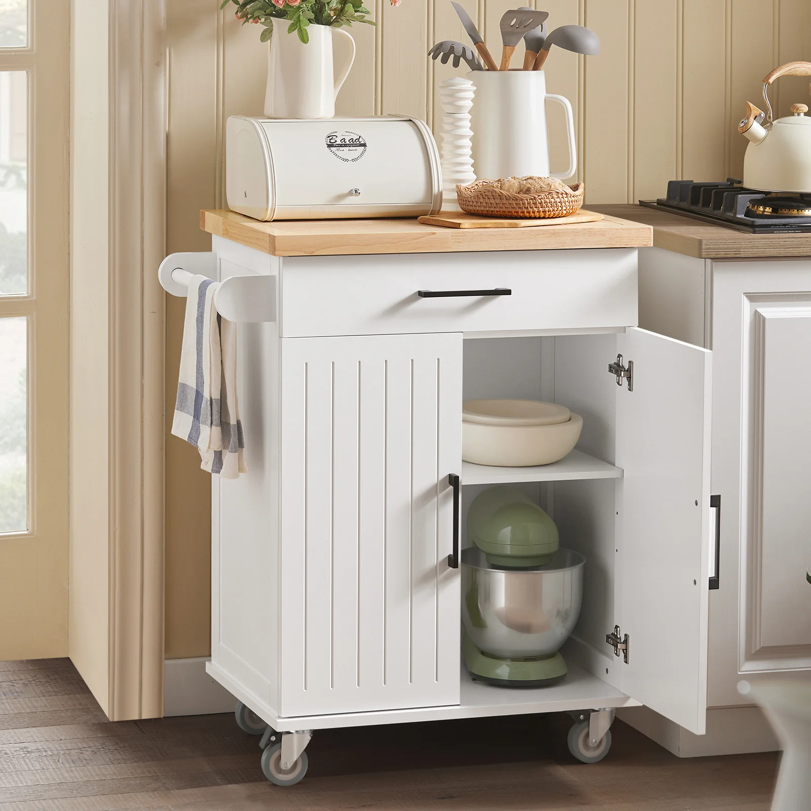 SoBuy FKW119-WN Carrito Auxiliar de Cocina con 2 Puertas 1 Cajón 1 Toallero - Image 2