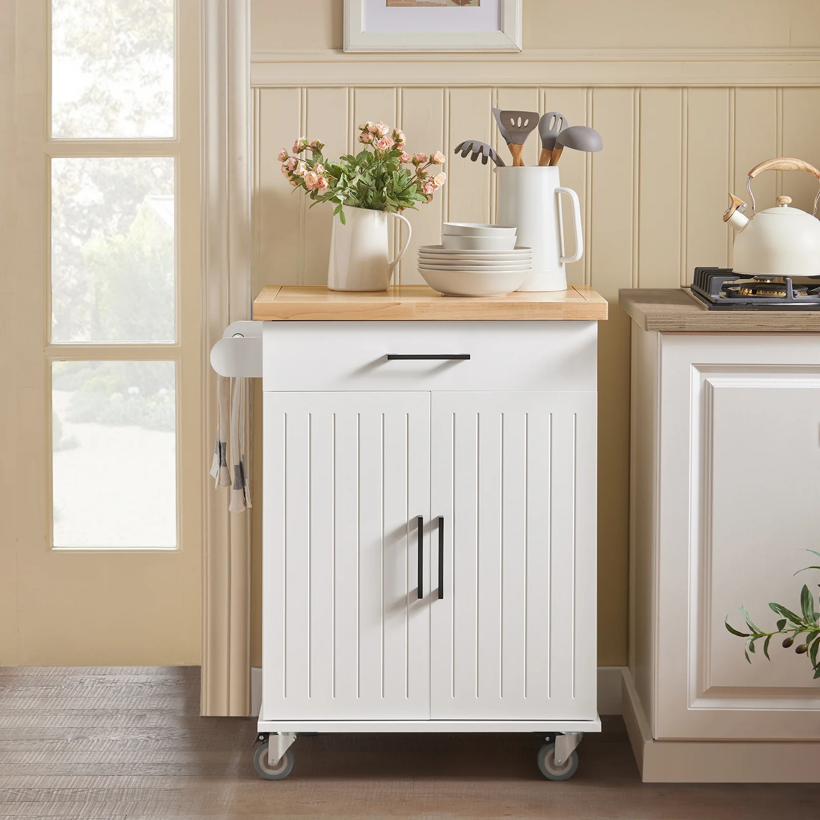 SoBuy FKW119-WN Carrito Auxiliar de Cocina con 2 Puertas 1 Cajón 1 Toallero - Image 5