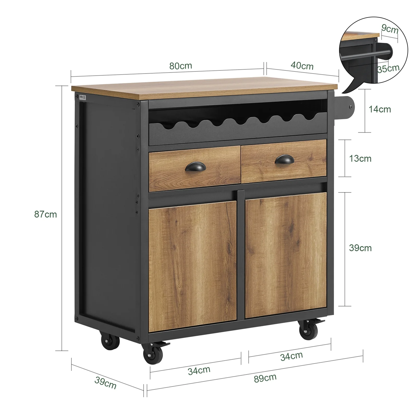 SoBuy FKW122-SCH Carrito Auxiliar de Cocina con 2 Cajones y 2 Puertas Negro - Image 3