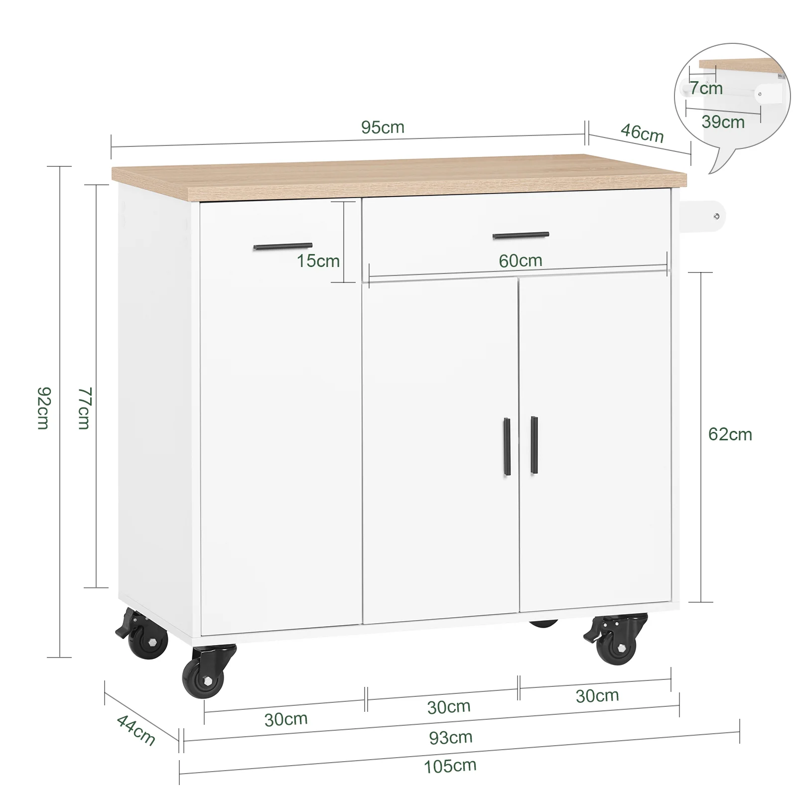 SoBuy FKW126-WN Carro Multiusos de Servicio con 3 puertas y 1 Toallero Blanco 105 x 46 x 92 cm - Image 3