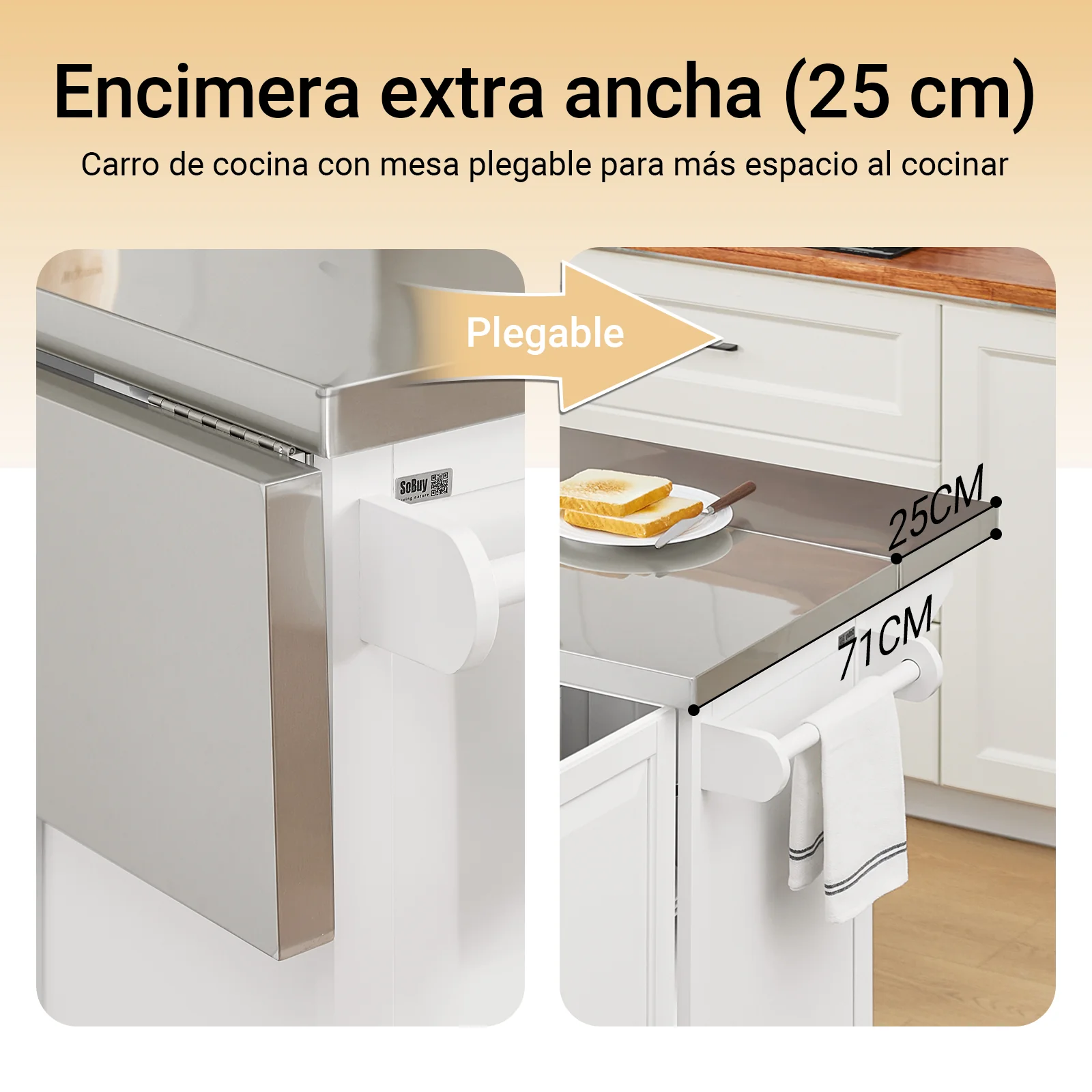 SoBuy FKW128-ST Isla de Cocina con Ruedas Carro de Cocina Auxiliar con Superficie de Trabajo Extensible - Image 4