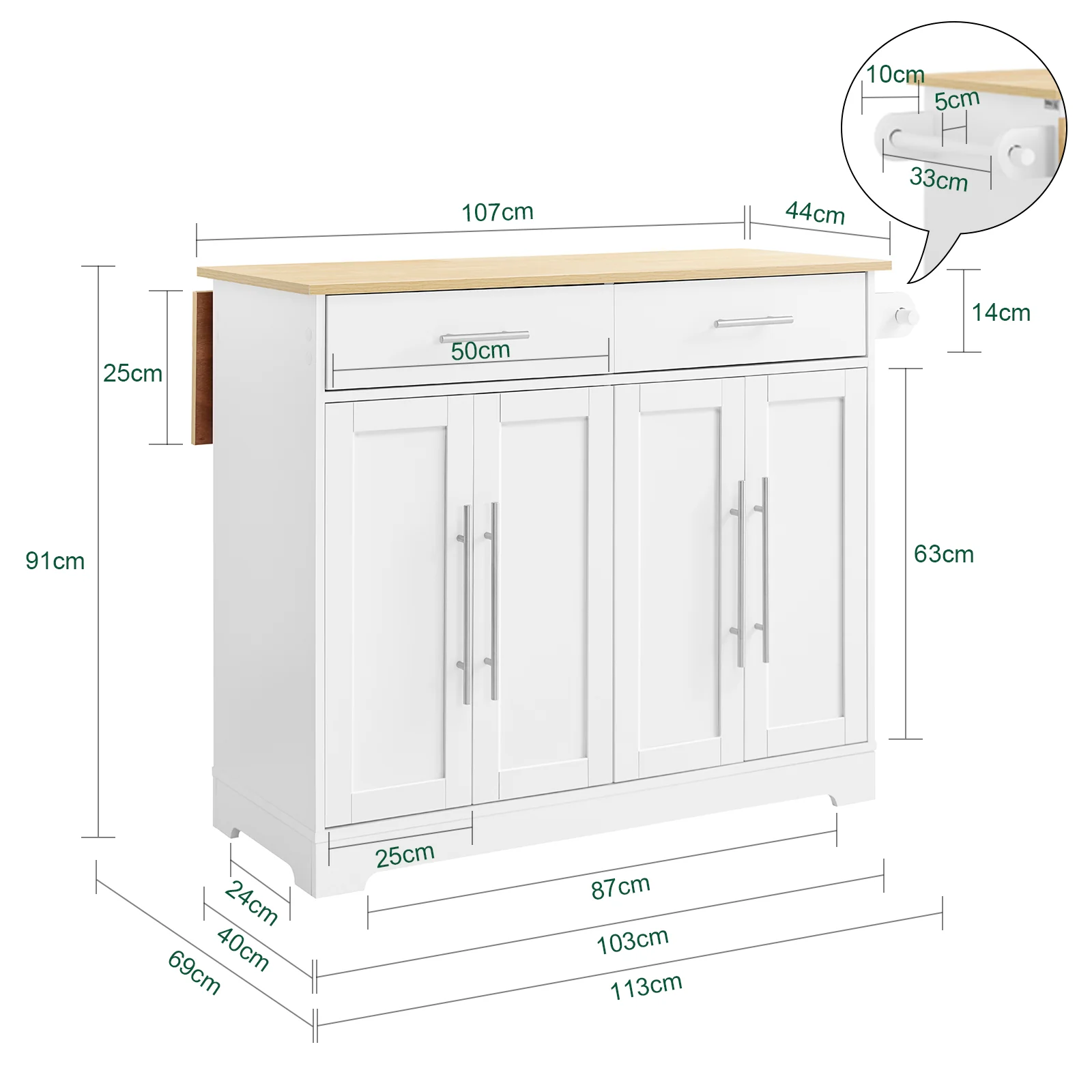 SoBuy FKW129-WN Isla Cocina con Ruedas con Encimera Extensible Blanco 113×44–69×91 cm - Image 4