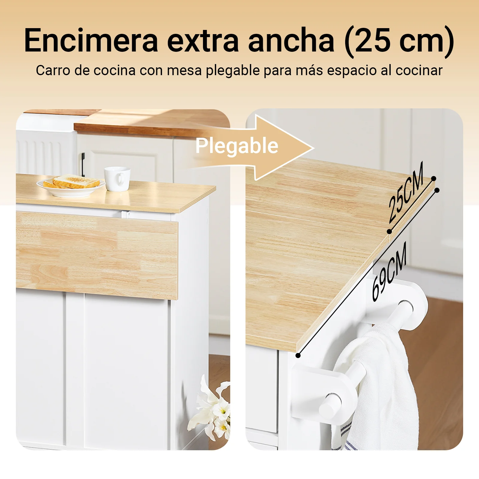 SoBuy FKW129-WN Isla Cocina con Ruedas con Encimera Extensible Blanco 113×44–69×91 cm - Image 5