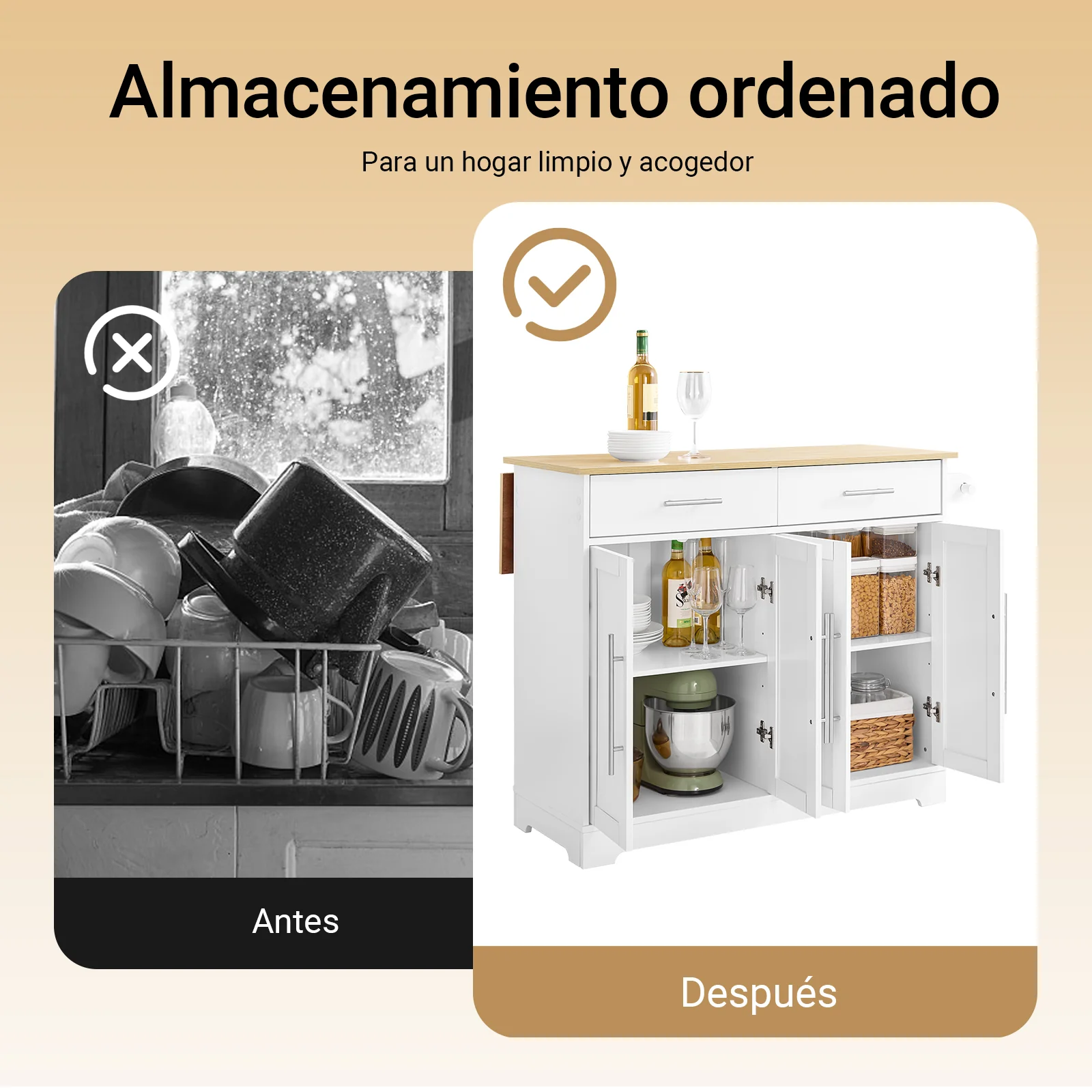 SoBuy FKW129-WN Isla Cocina con Ruedas con Encimera Extensible Blanco 113×44–69×91 cm - Image 6