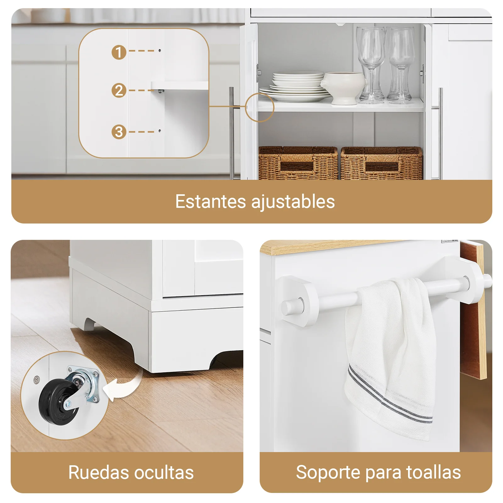 SoBuy FKW129-WN Isla Cocina con Ruedas con Encimera Extensible Blanco 113×44–69×91 cm - Image 7